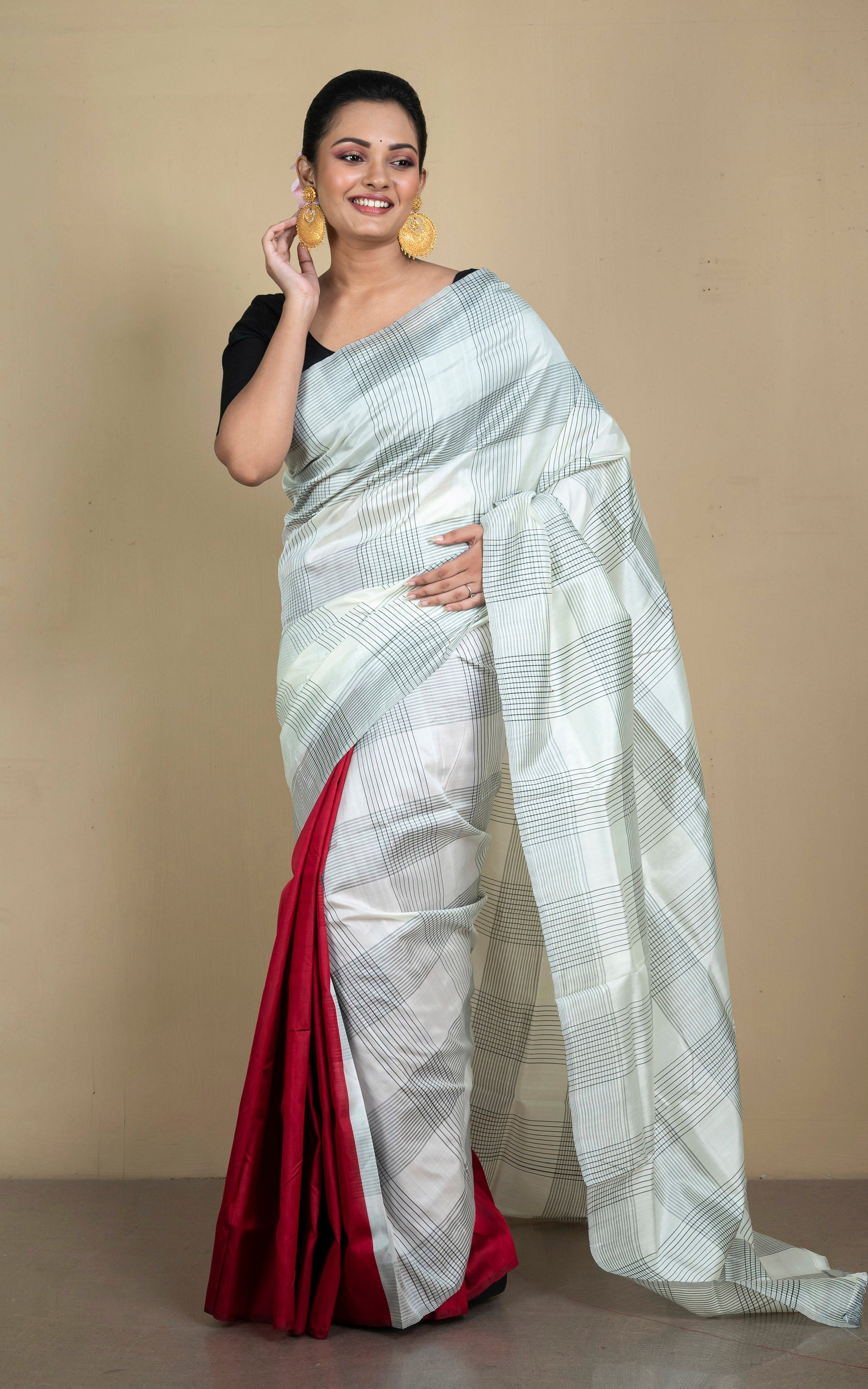 Half and Half Soft Bishnupuri Designer Katan Silk Saree in Off White, Black and Dark Red