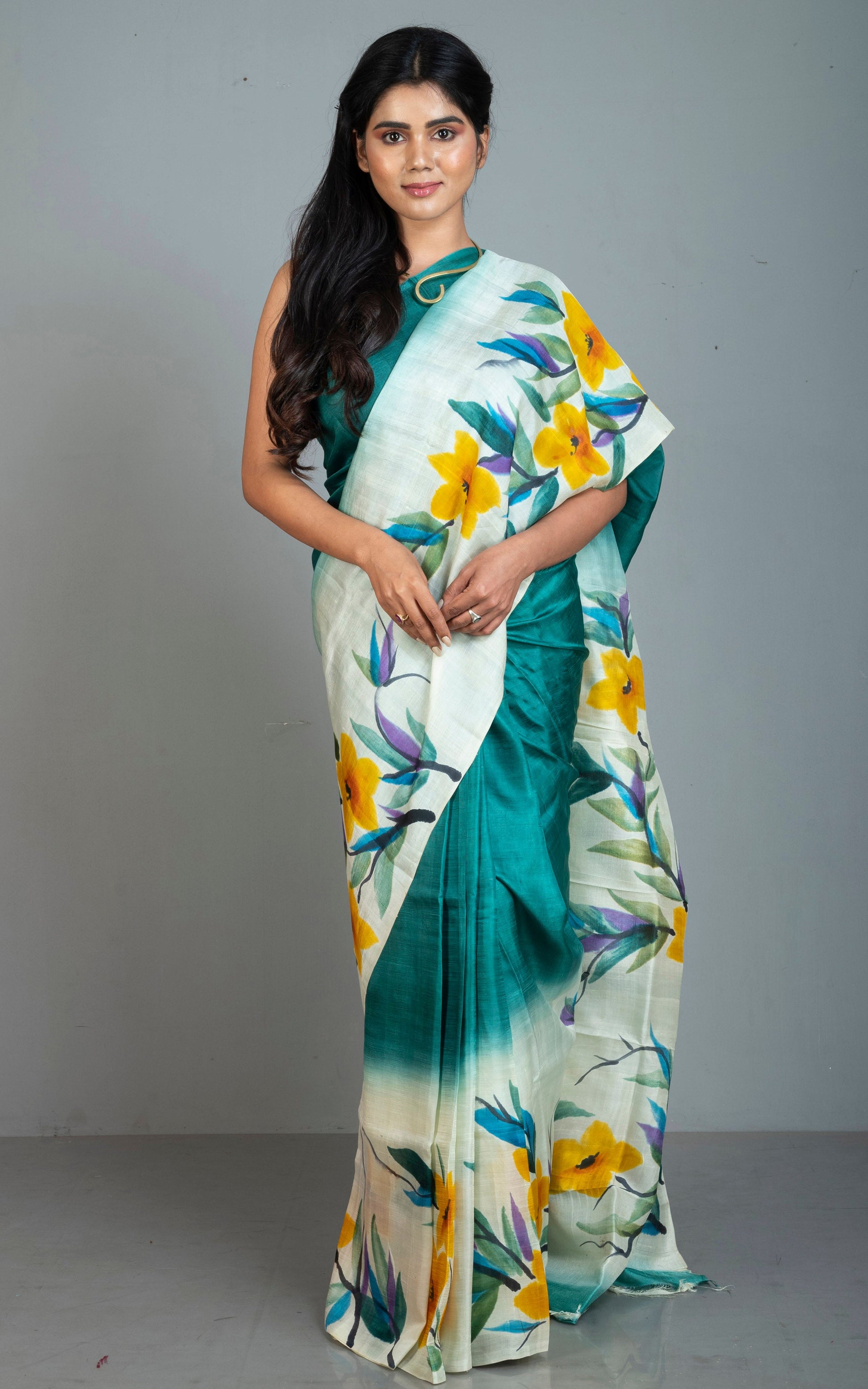 Hand Batik Pure Silk Saree in Teal Green, Off White and Multicolored