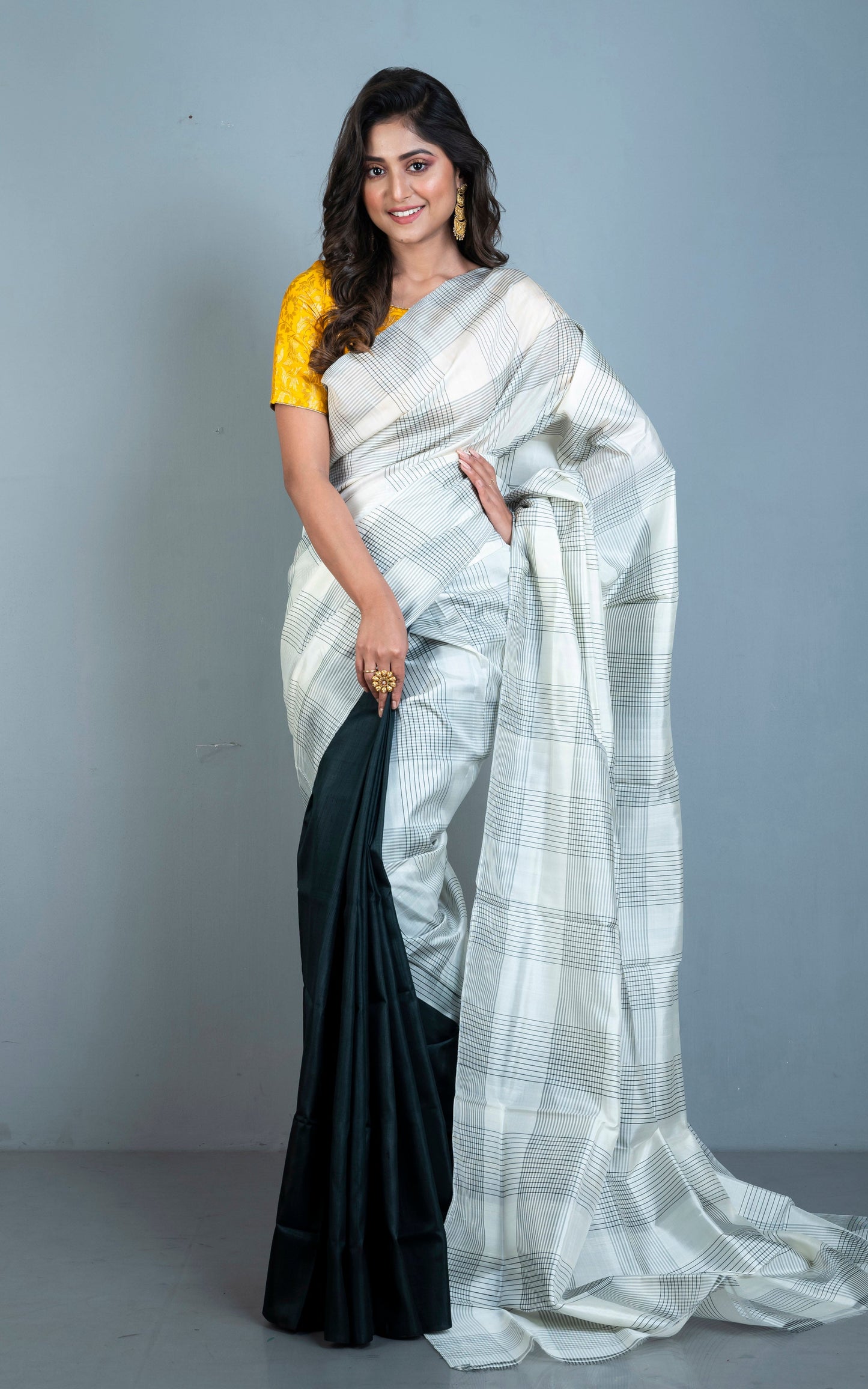 Half and Half Soft Bishnupuri Designer Katan Silk Saree in Off White and Black