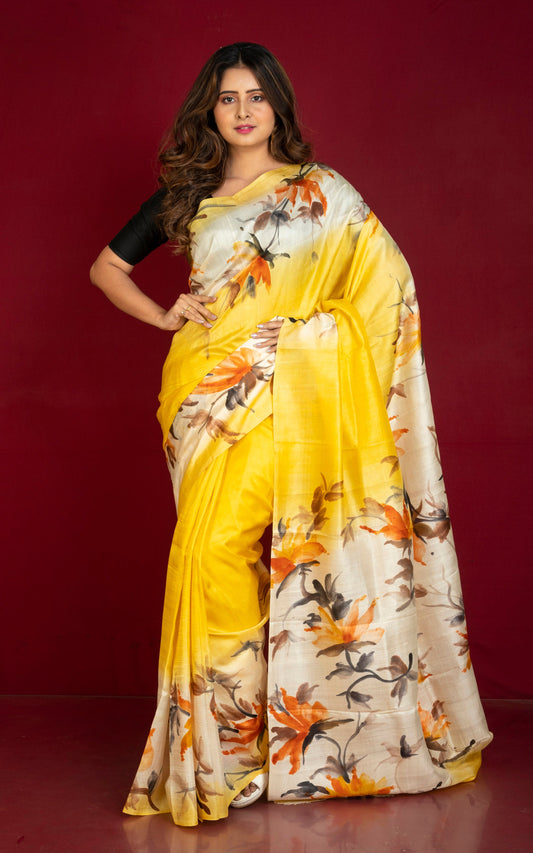 Hand Batik Pure Silk Saree in Yolk Yellow, Off White and Multicolored