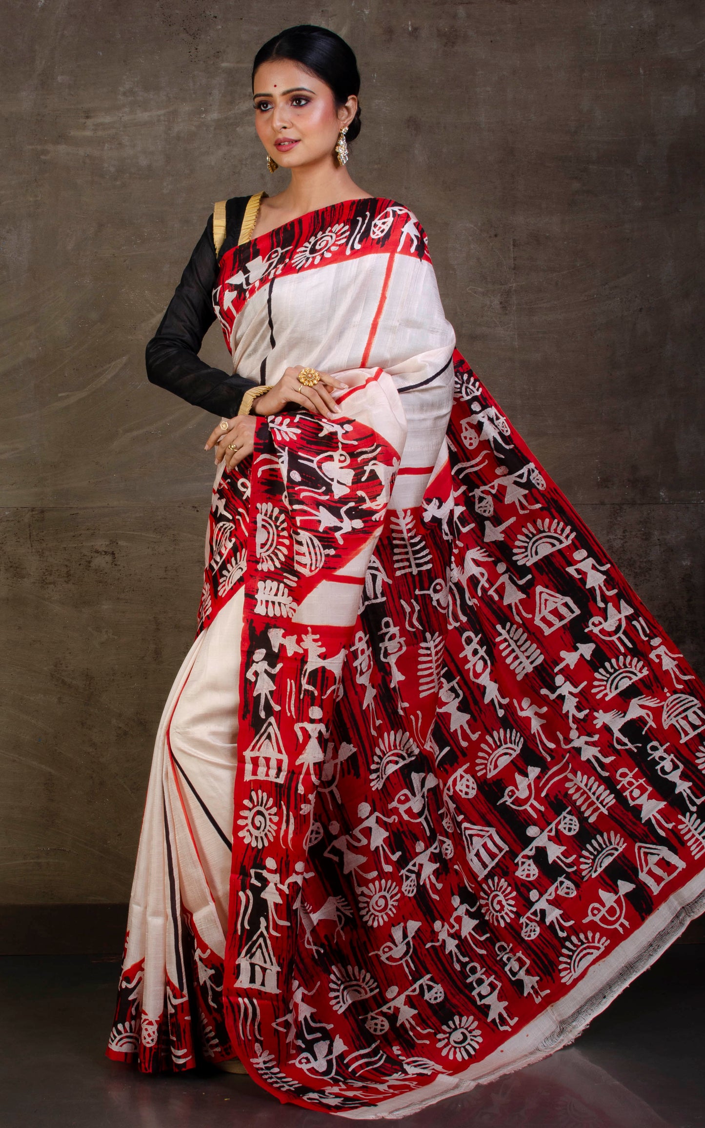 Hand Batik Pure Silk Saree in Cottage Cheese, Brick Red and Dark Brown