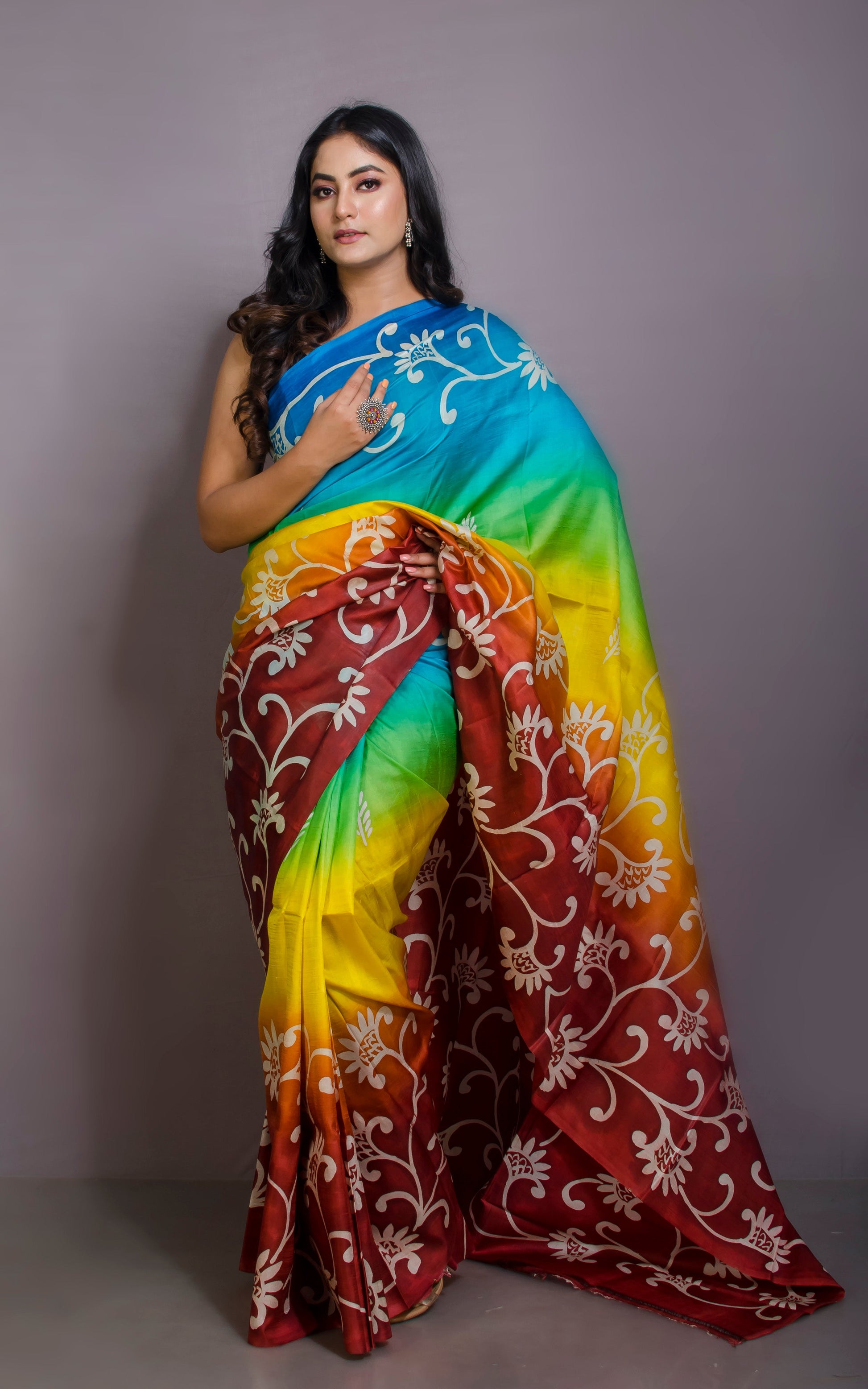 Rangoli Dyed Hand Block Nakshi Prints on Soft Authentic Pure Mulberry Silk Saree