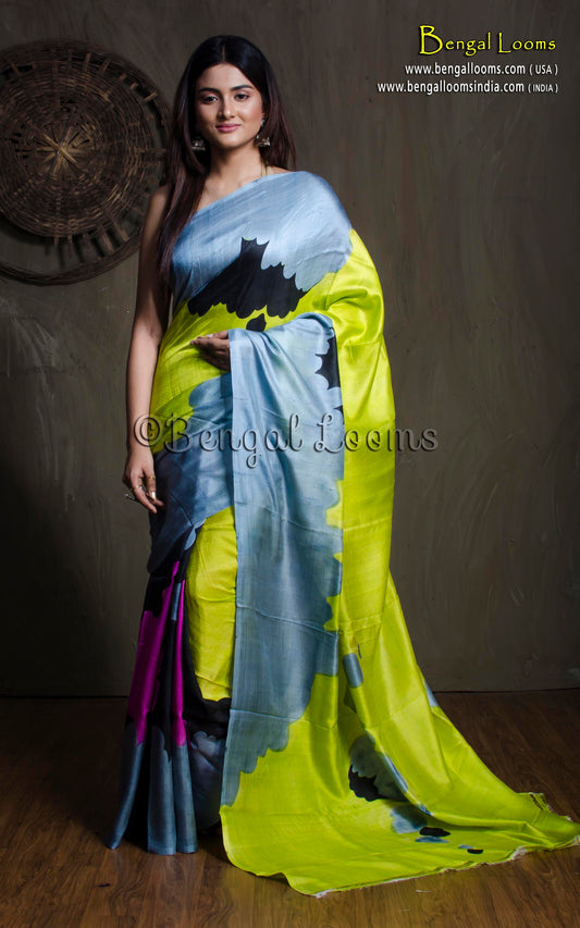 Hand Batik Pure Silk Saree in Fluorescent Lime Green, Light Blue Grey and Multicolored