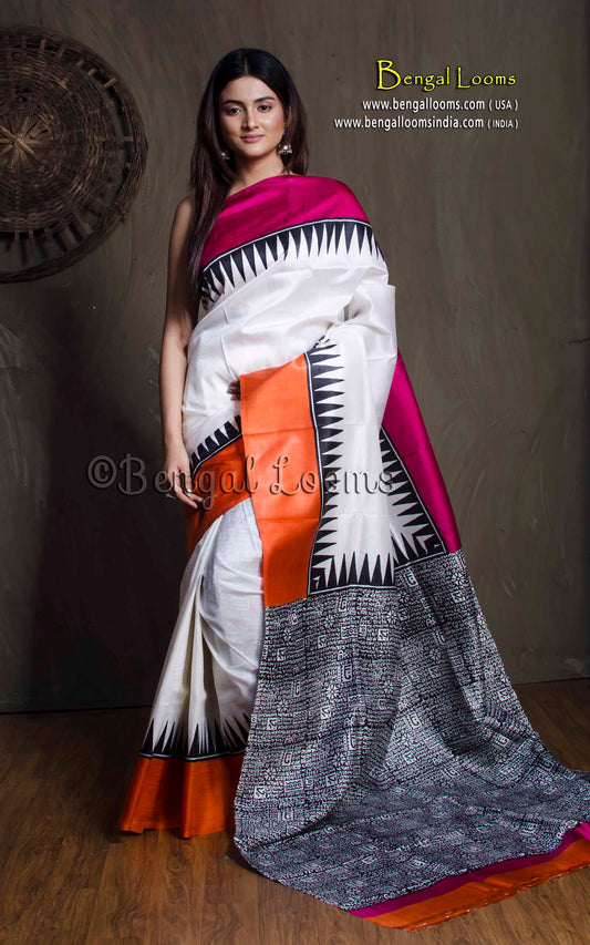 Printed Pure Silk Saree in White, Orange, Pink and Black