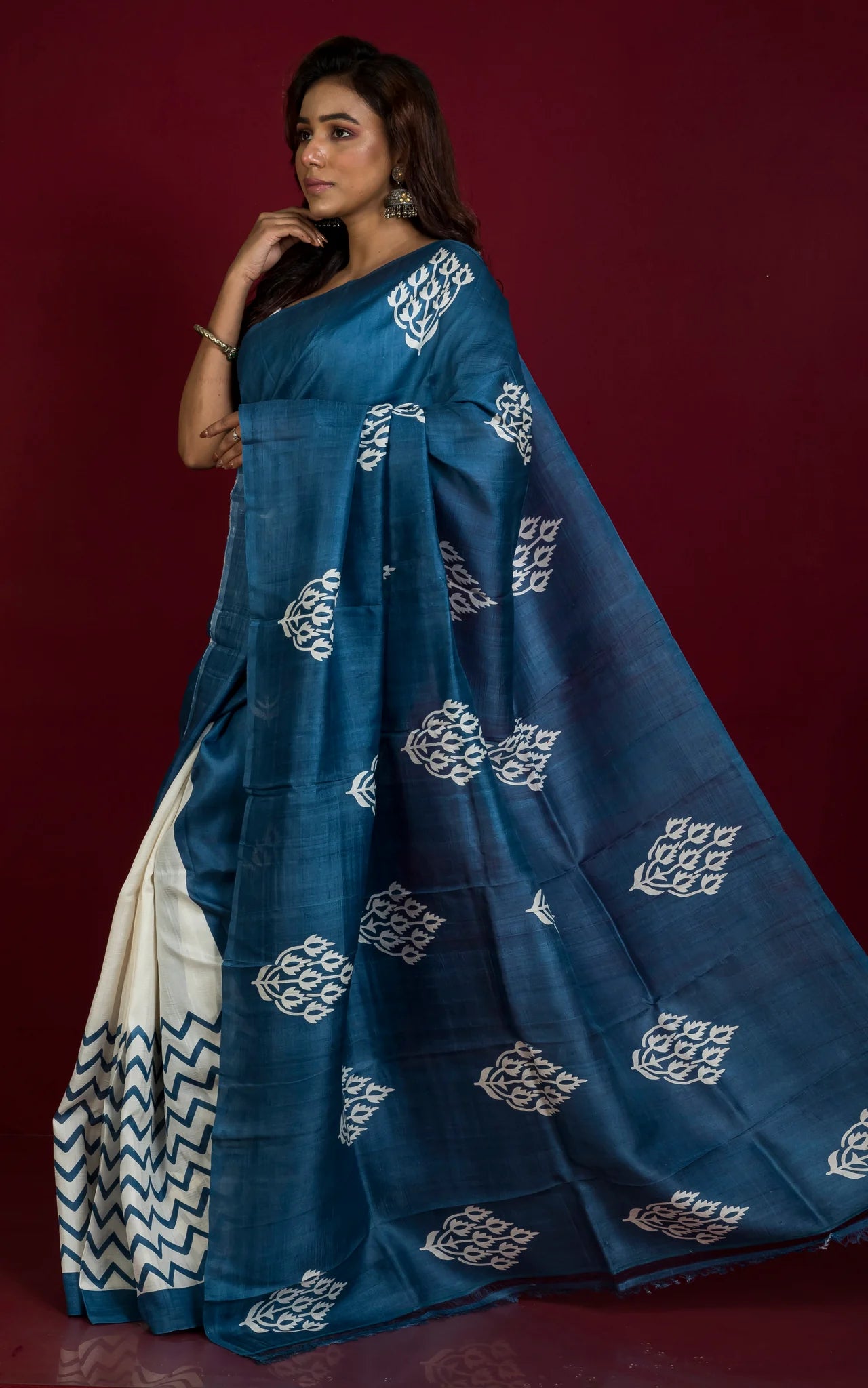 Handwoven Soft Printed Pure Silk Saree in Denim Blue and Off White