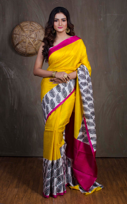 Printed Pure Silk Saree in Golden Yellow, Hot Pink, White and Black