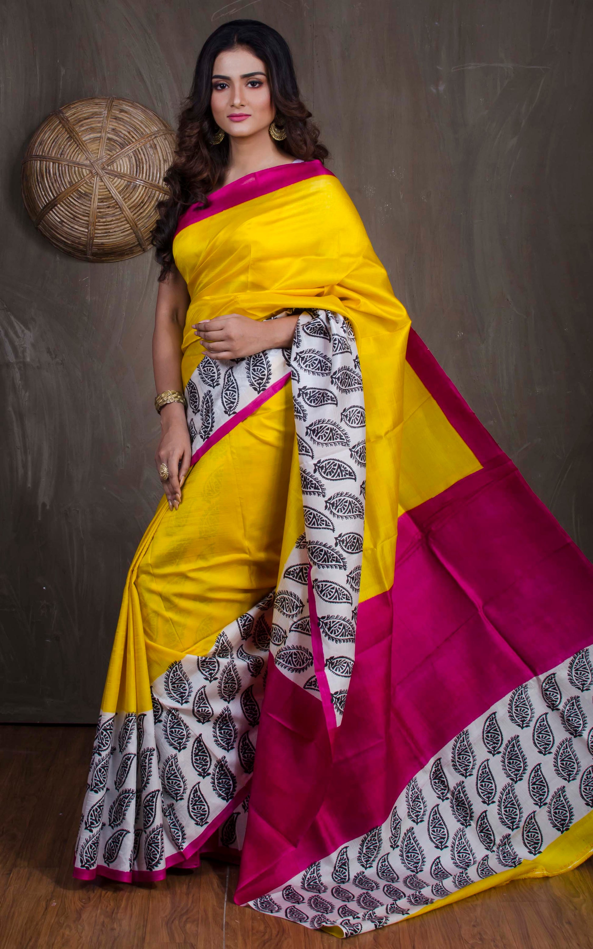 Printed Pure Silk Saree in Golden Yellow, Hot Pink, White and Black