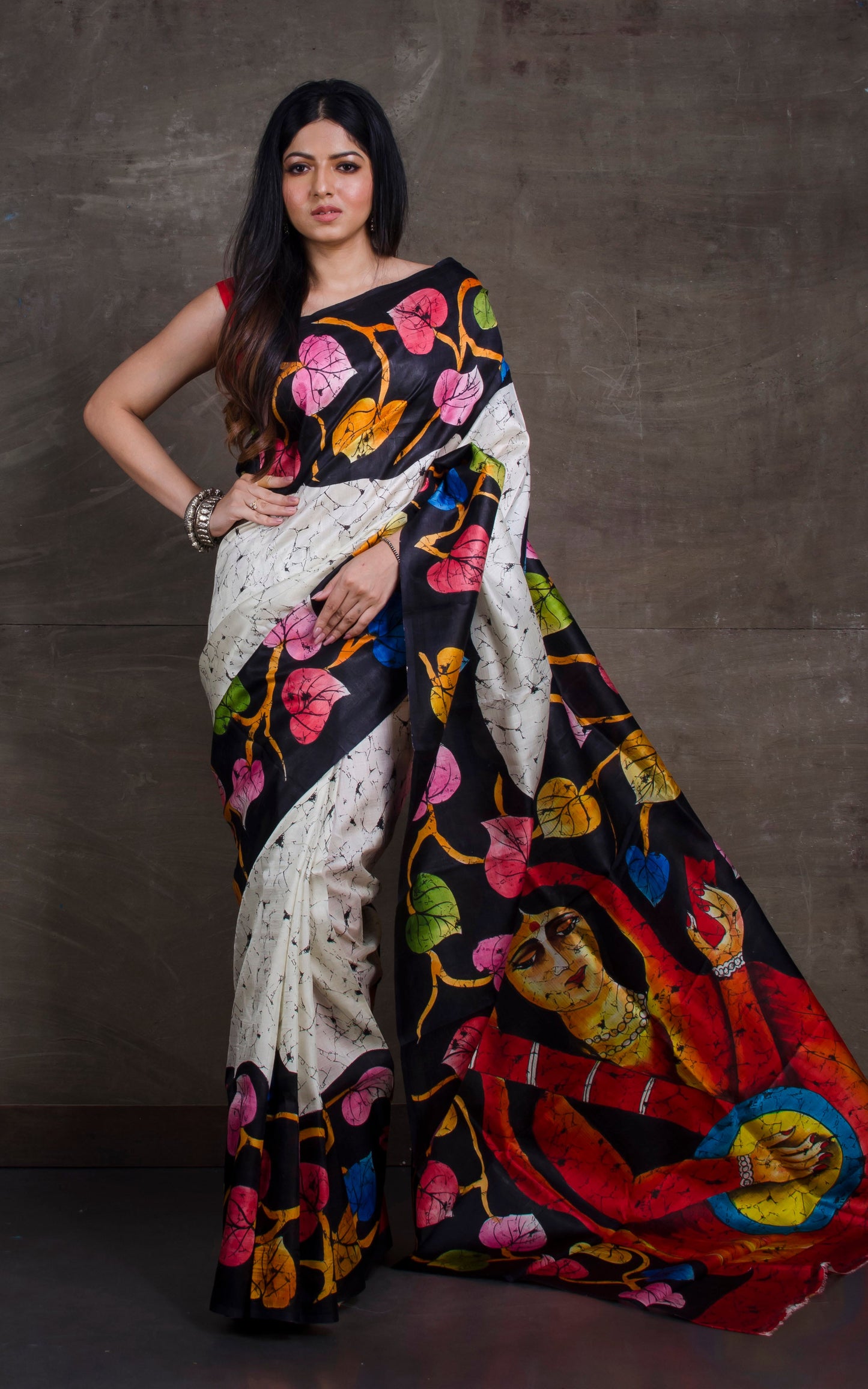 Hand Batik Pure Silk Saree in Off White, Black and Multicolored