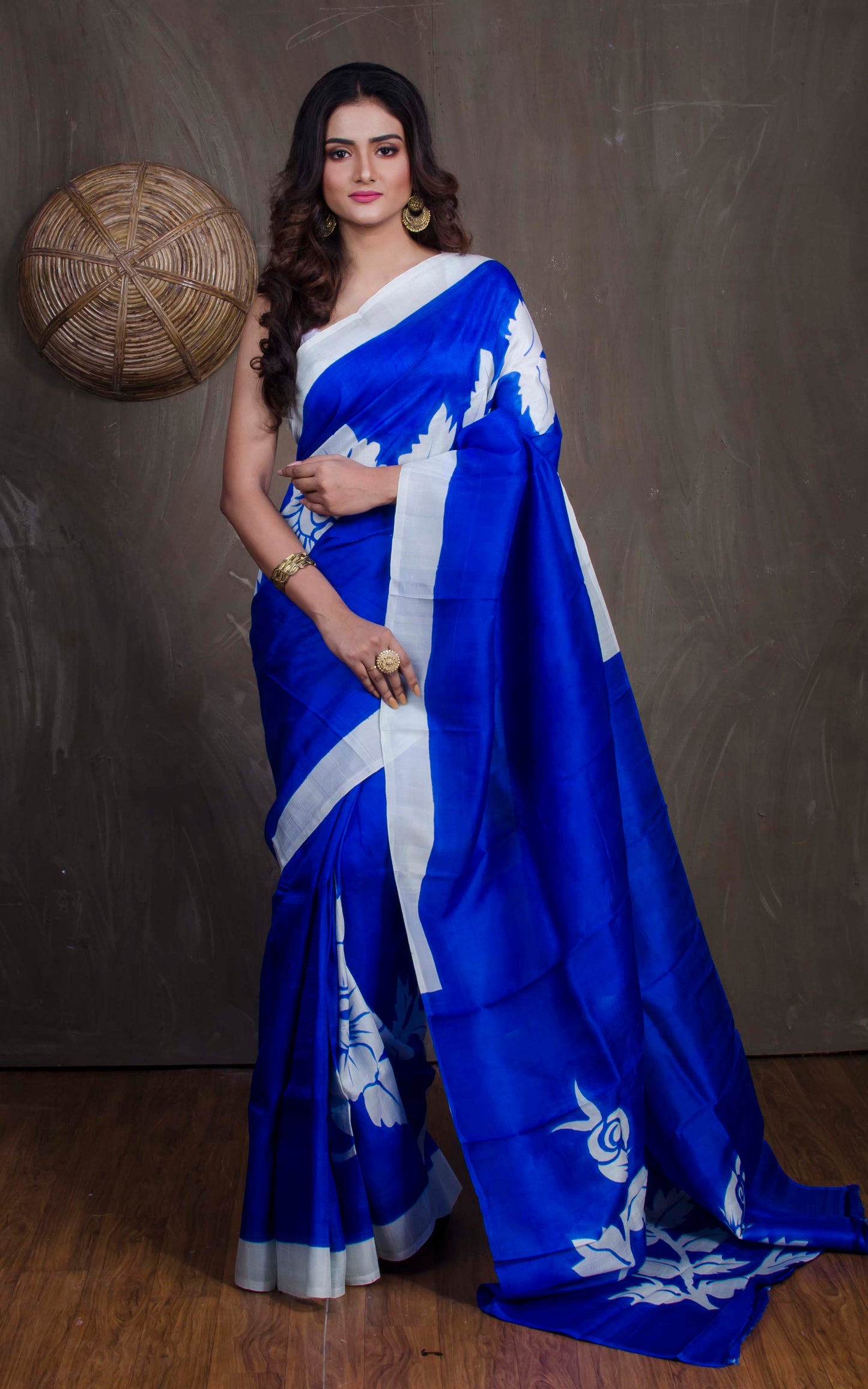 Floral Printed Pure Silk Saree in Cobalt Blue and Off White