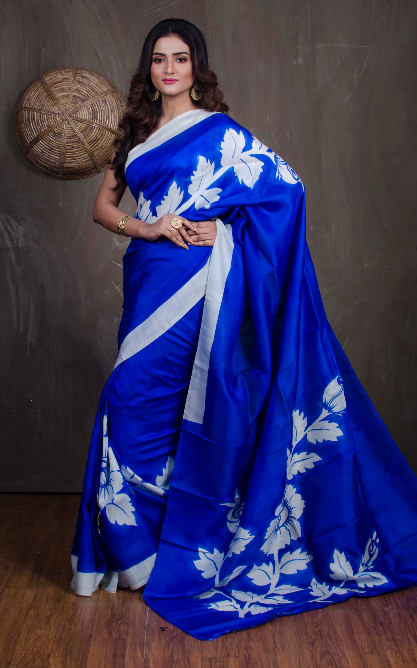 Floral Printed Pure Silk Saree in Cobalt Blue and Off White