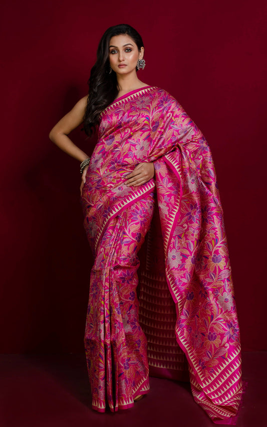 Hand Kantha Work Printed Pure Silk Saree in Magenta, Off White and Multicolored