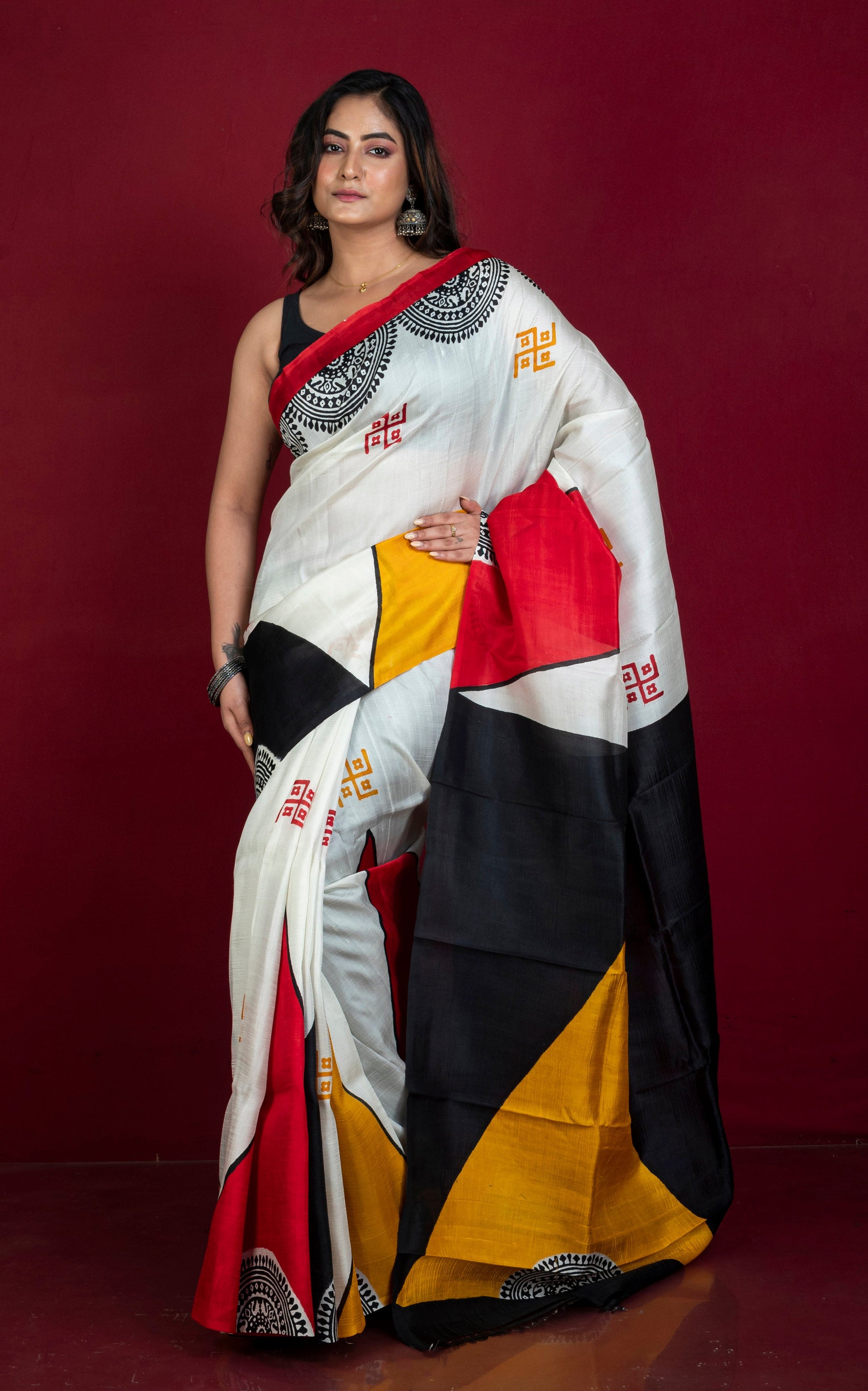 Handwoven Soft Printed Pure Silk Saree in Off White. Red, Black and Golden Yellow