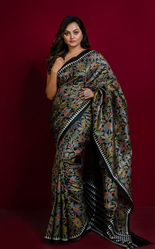 Hand Kantha Work Printed Pure Silk Saree in Black, Off White and Multicolored