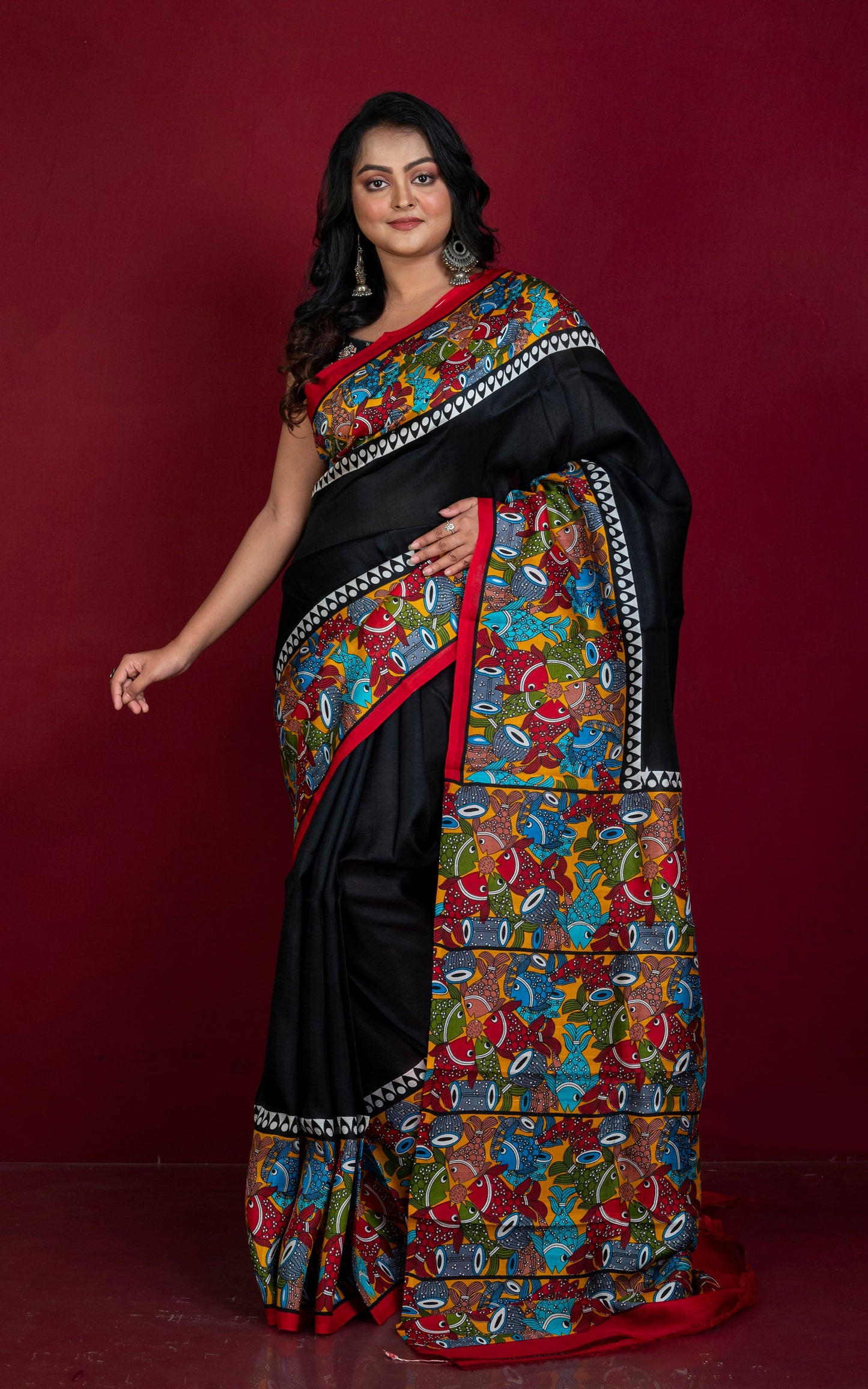 Handwoven Soft Printed Pure Silk Saree in Black, Off White and Multicolored