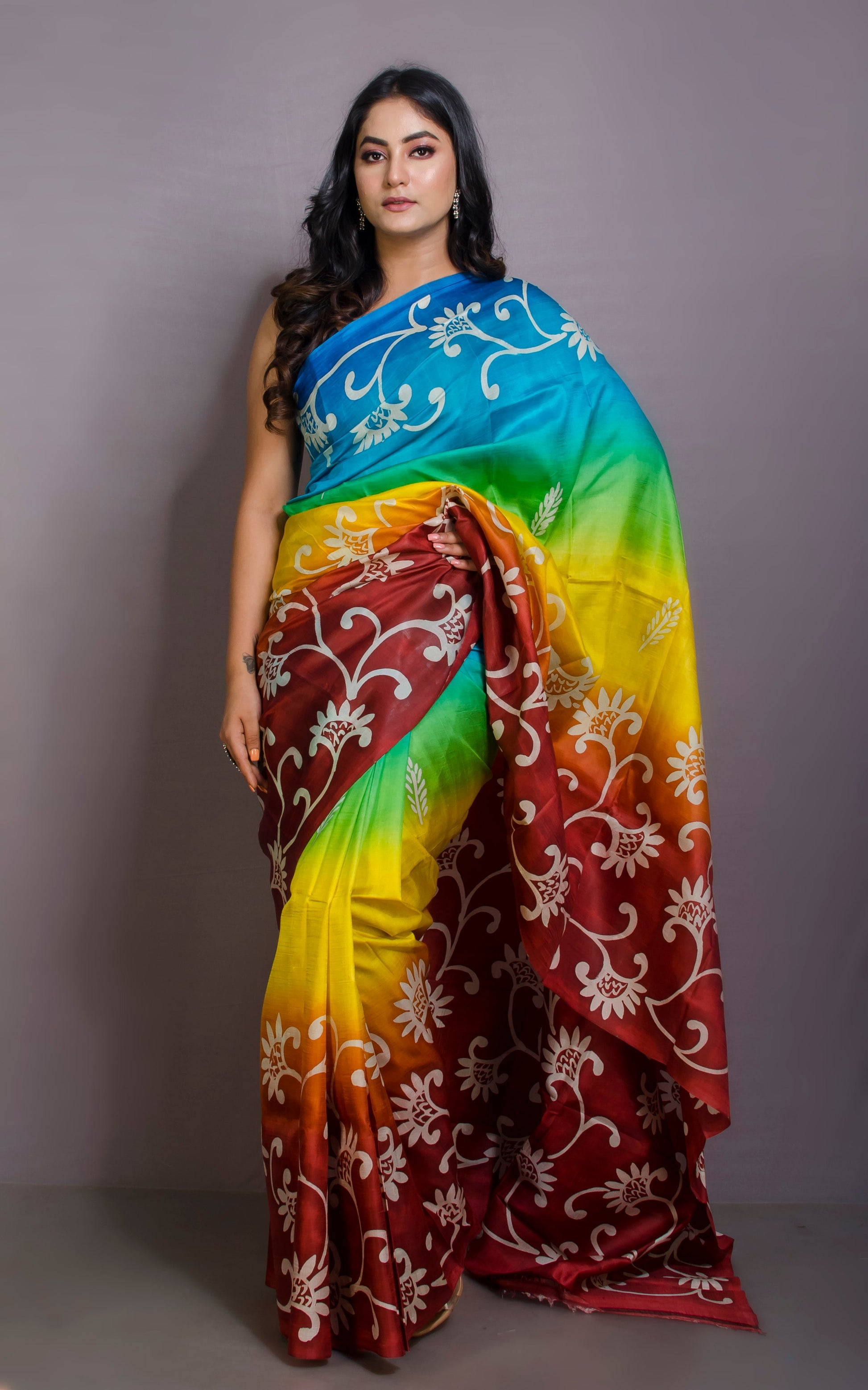 Rangoli Dyed Hand Block Nakshi Prints on Soft Authentic Pure Mulberry Silk Saree