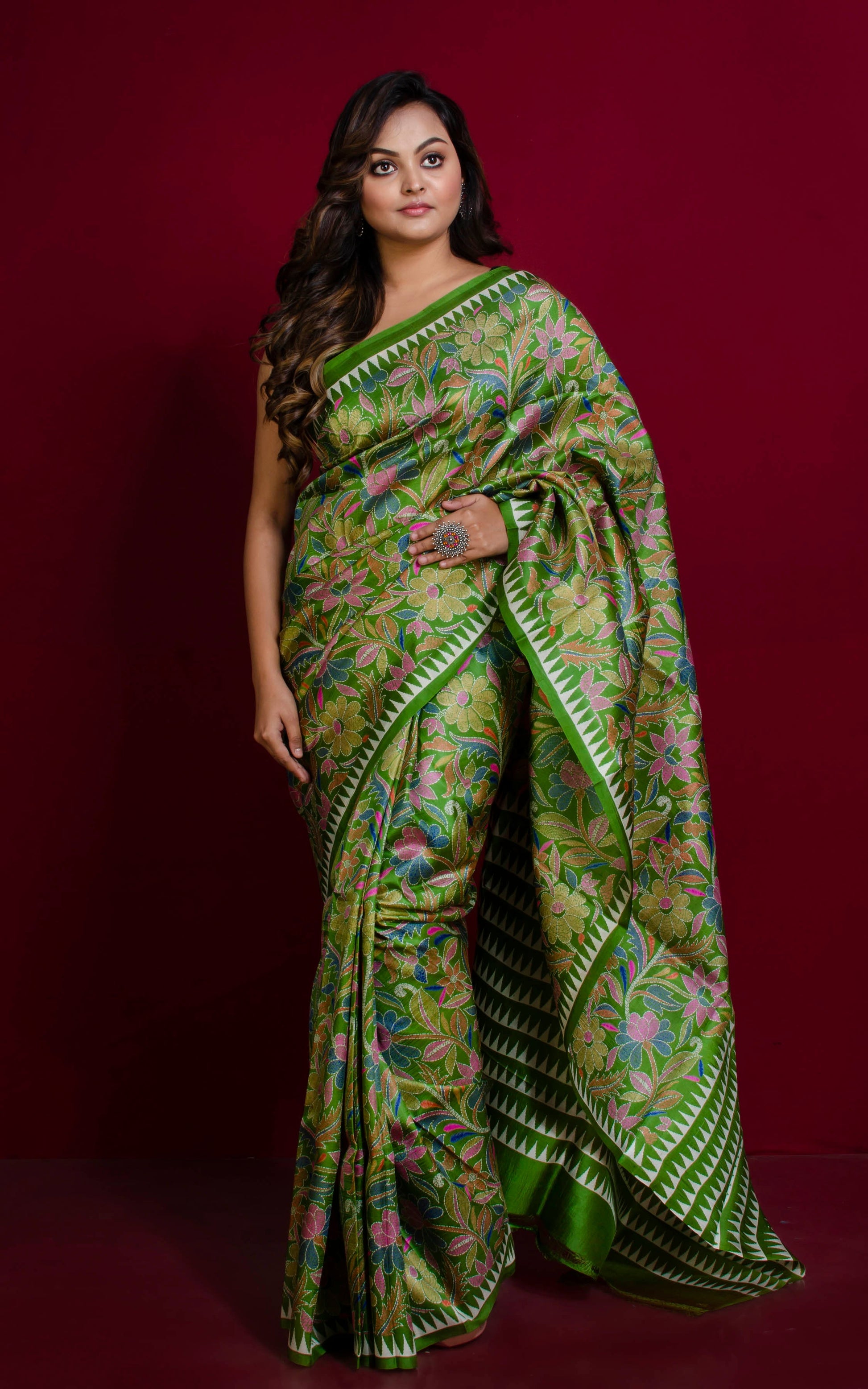 Hand Kantha Work Printed Pure Silk Saree in Green Onion, Off White and Multicolored