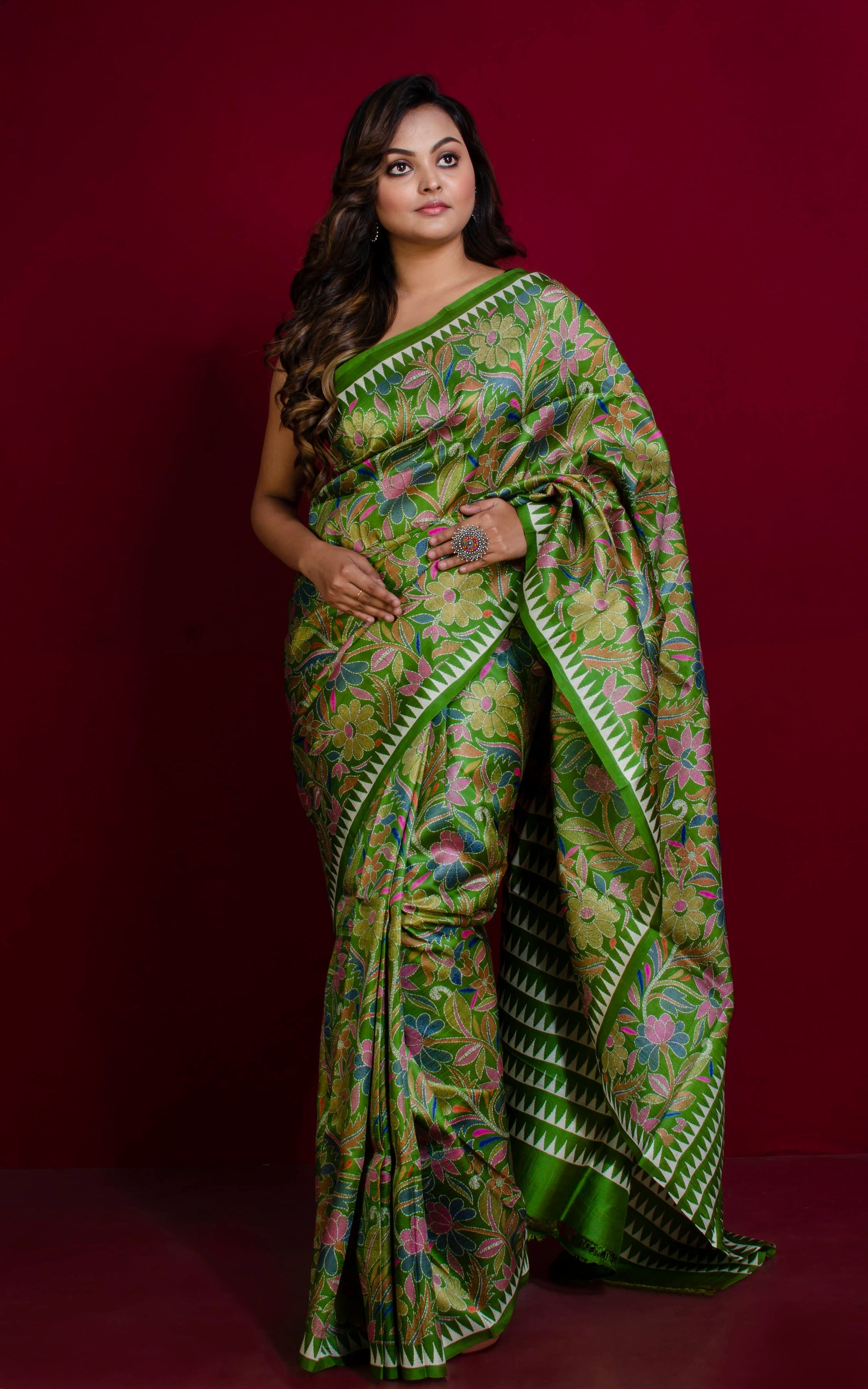 Hand Kantha Work Printed Pure Silk Saree in Green Onion, Off White and Multicolored