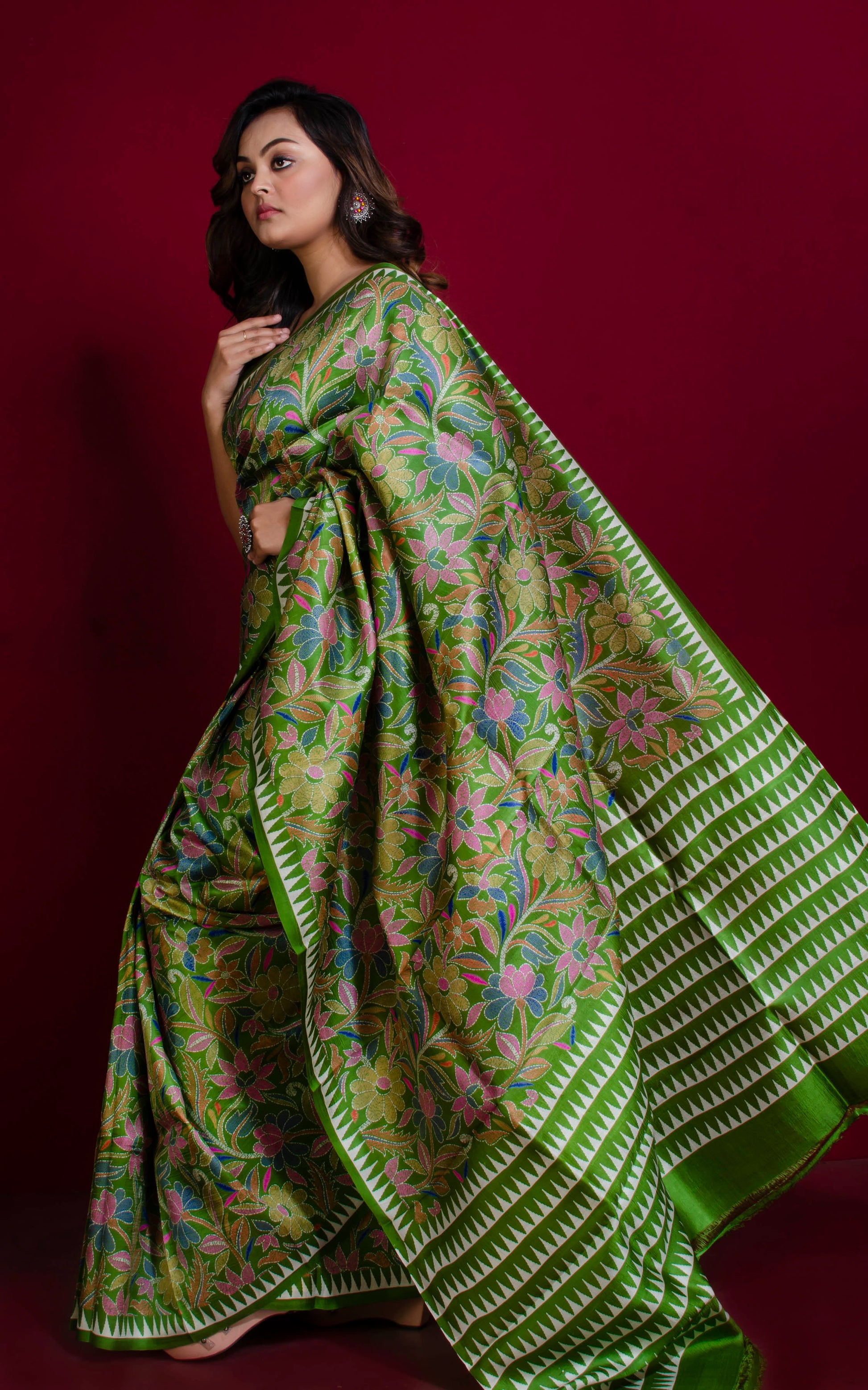 Hand Kantha Work Printed Pure Silk Saree in Green Onion, Off White and Multicolored