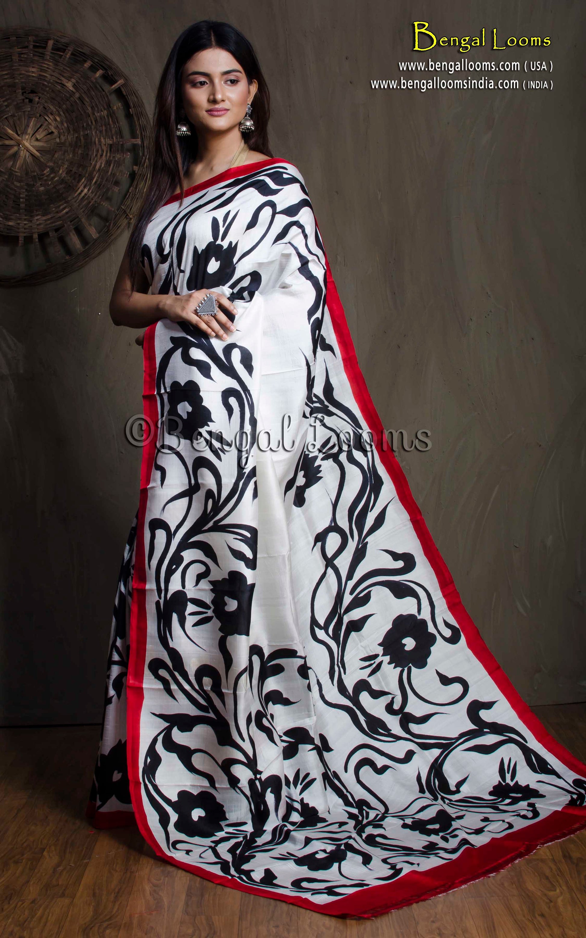 Skirt Floral Printed Pure Silk Saree in Off White, Red and Black