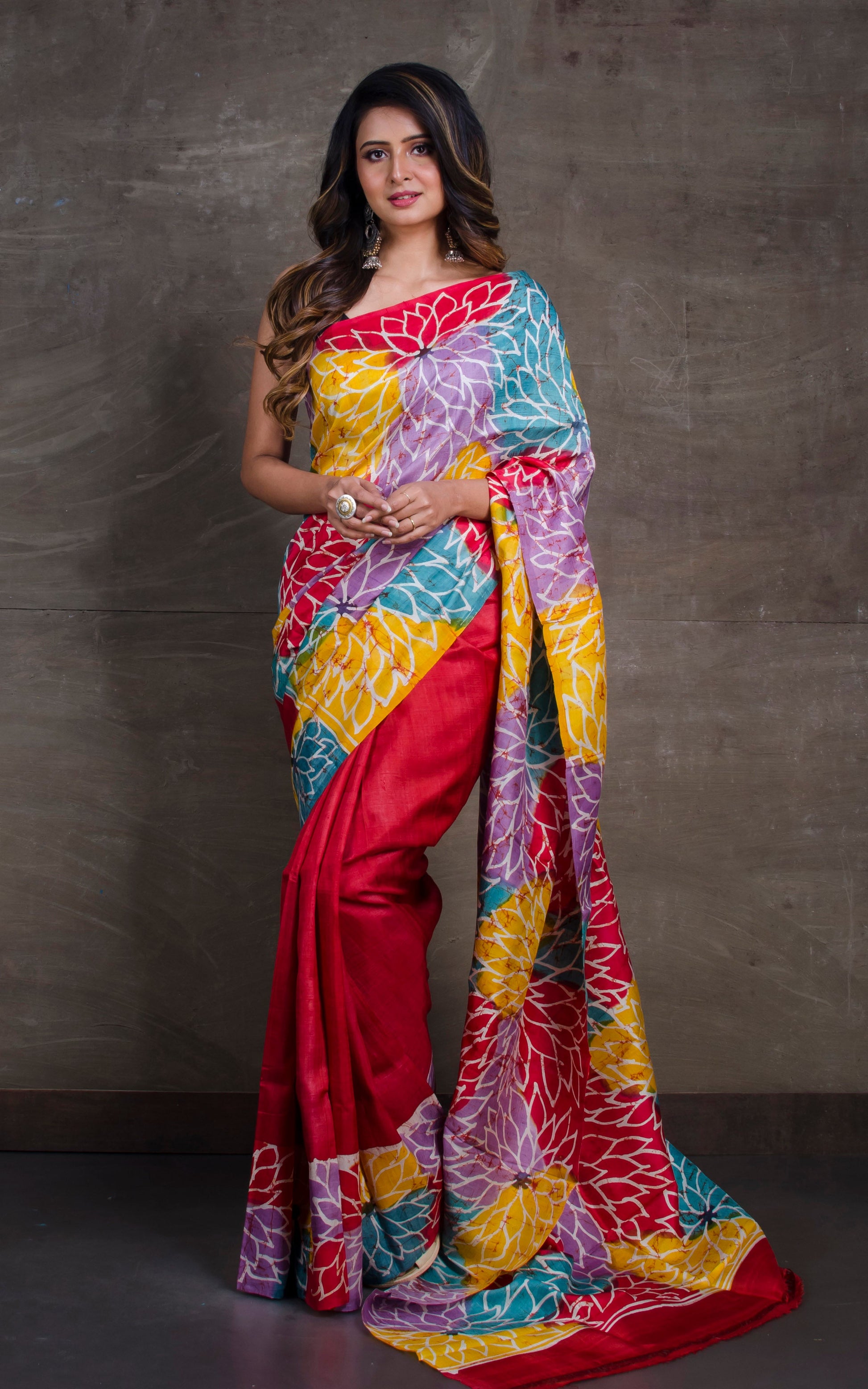 Hand Batik Pure Silk Saree in Red and Multicolored