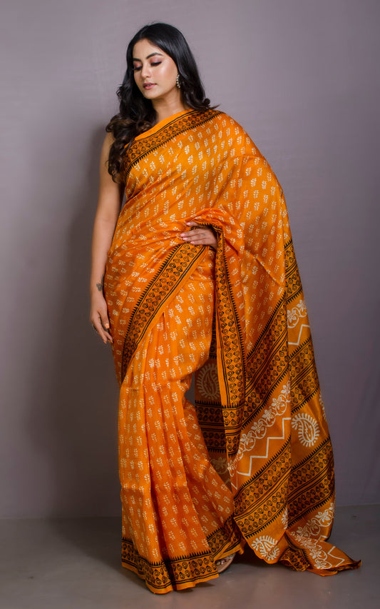 Floral Printed Pure Silk Saree in Royal Orange, Off White and Black