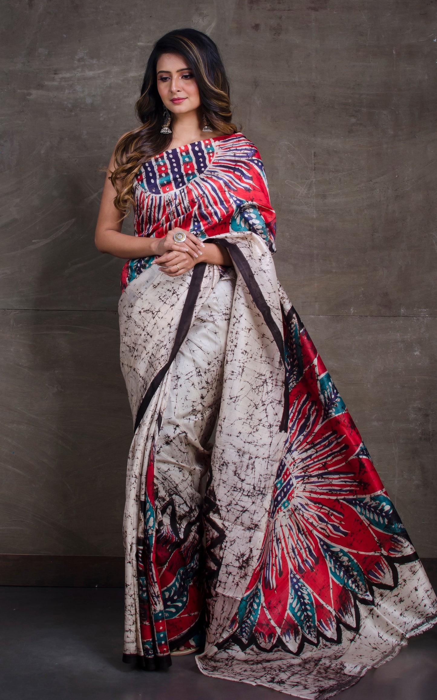 Hand Batik Pure Silk Saree in Off White and Multicolored