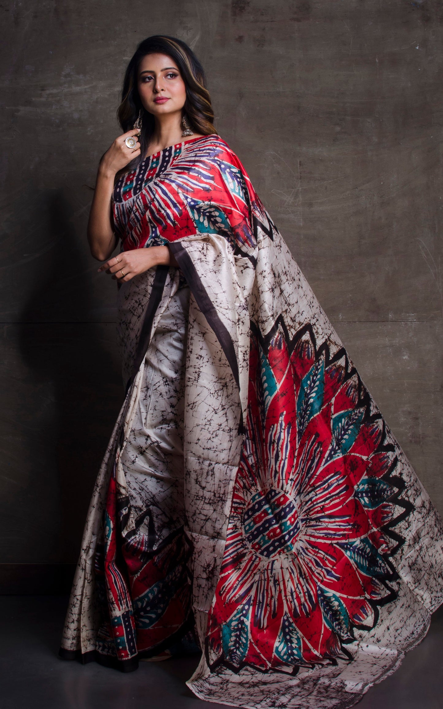 Hand Batik Pure Silk Saree in Off White and Multicolored