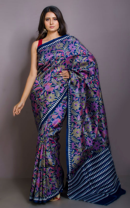 Hand Kantha Work Printed Pure Silk Saree in Midnight Blue, Off White and Multicolored