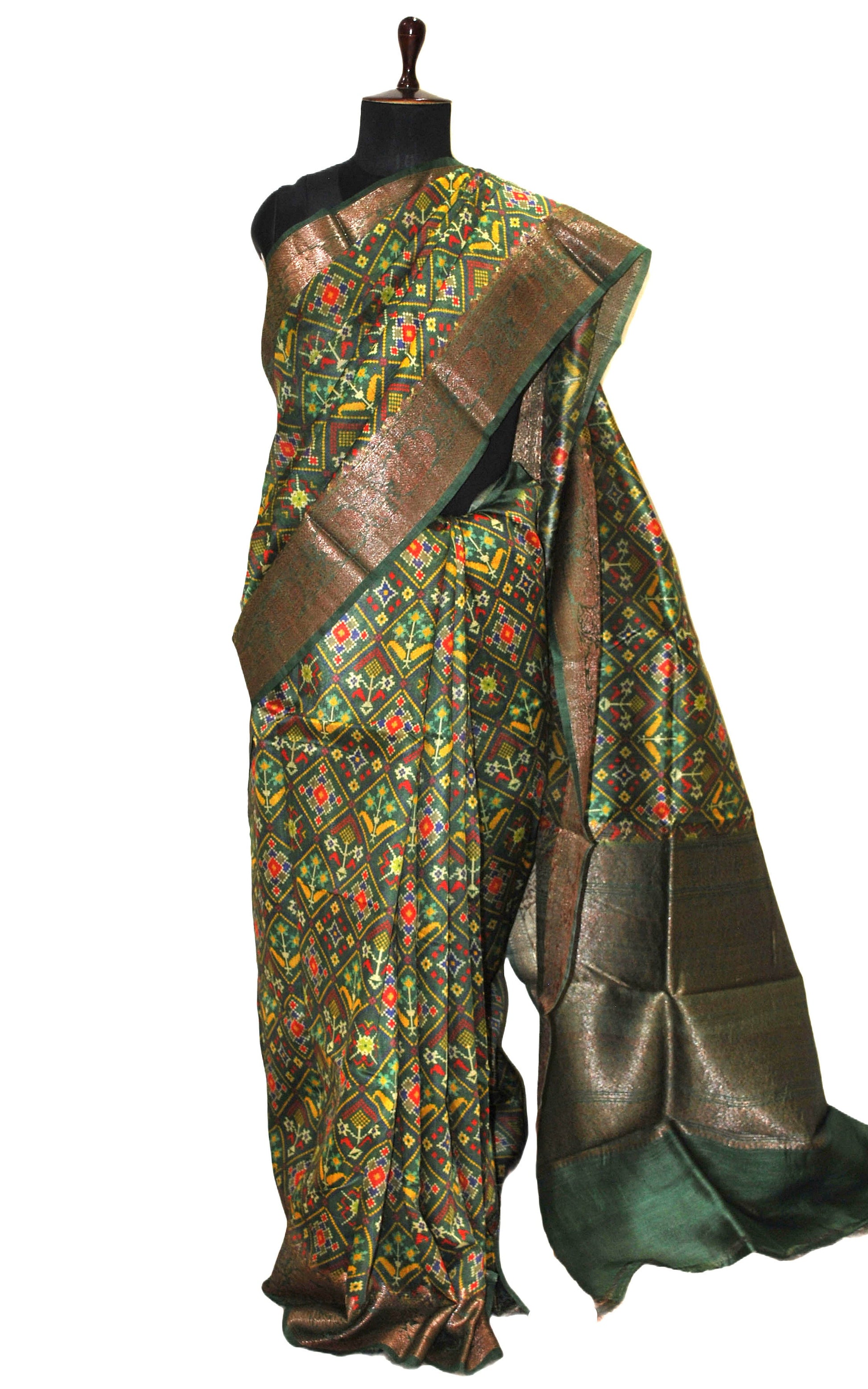 Printed Patola Tussar Banarasi Saree in Pine Green, Multicolored and Gold Zari Work