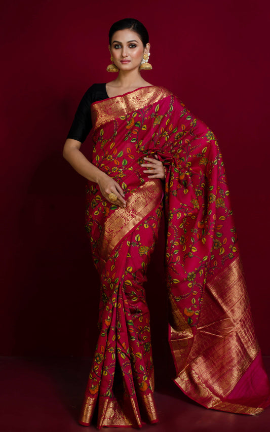 Kalamkari Printed Tussar Banarasi Saree in Raspberry Rose, Multicolored and Brush Gold Zari Work