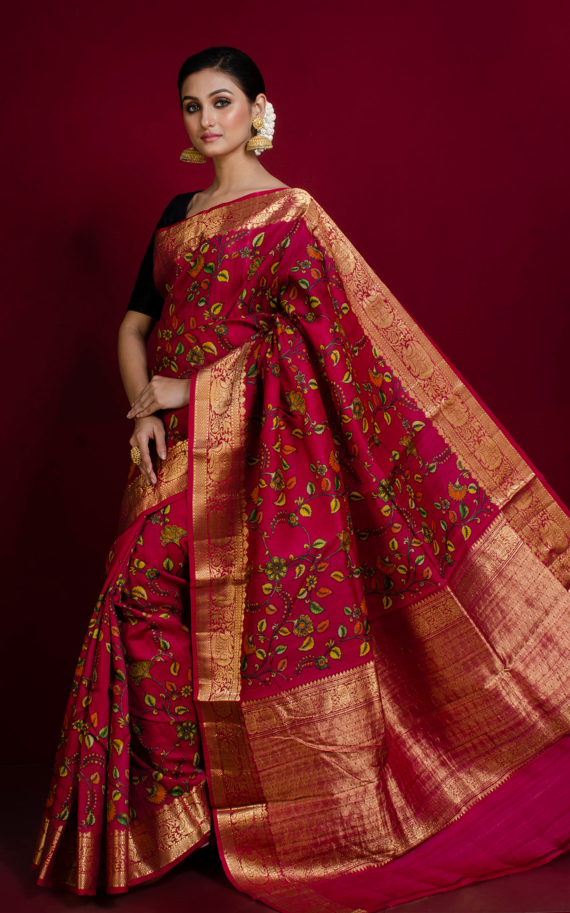 Kalamkari Printed Tussar Banarasi Saree in Raspberry Rose, Multicolored and Brush Gold Zari Work