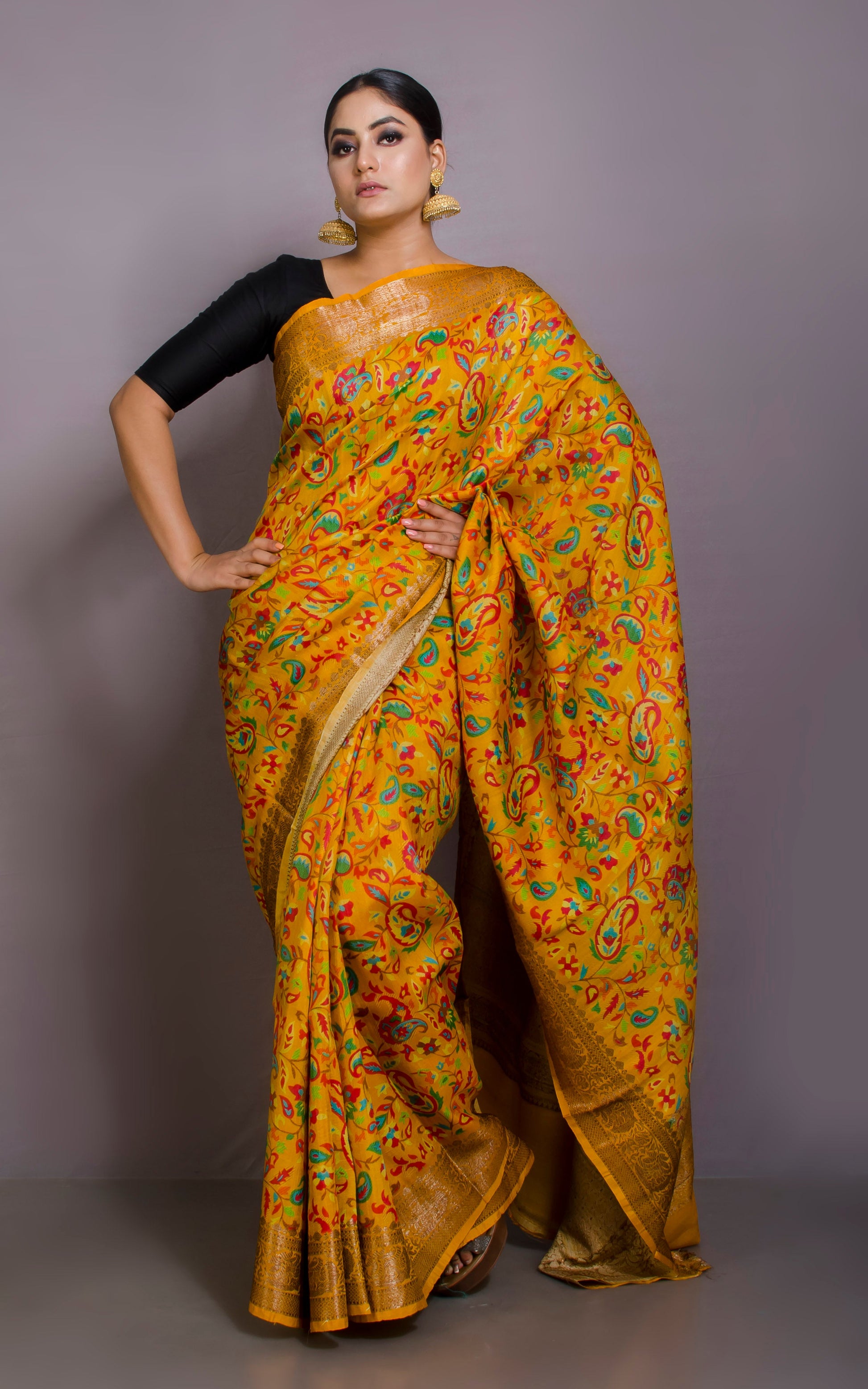 Kalamkari Printed Tussar Banarasi Saree in Golden Yellow, Red and Multicolored with Brush Gold Zari Work