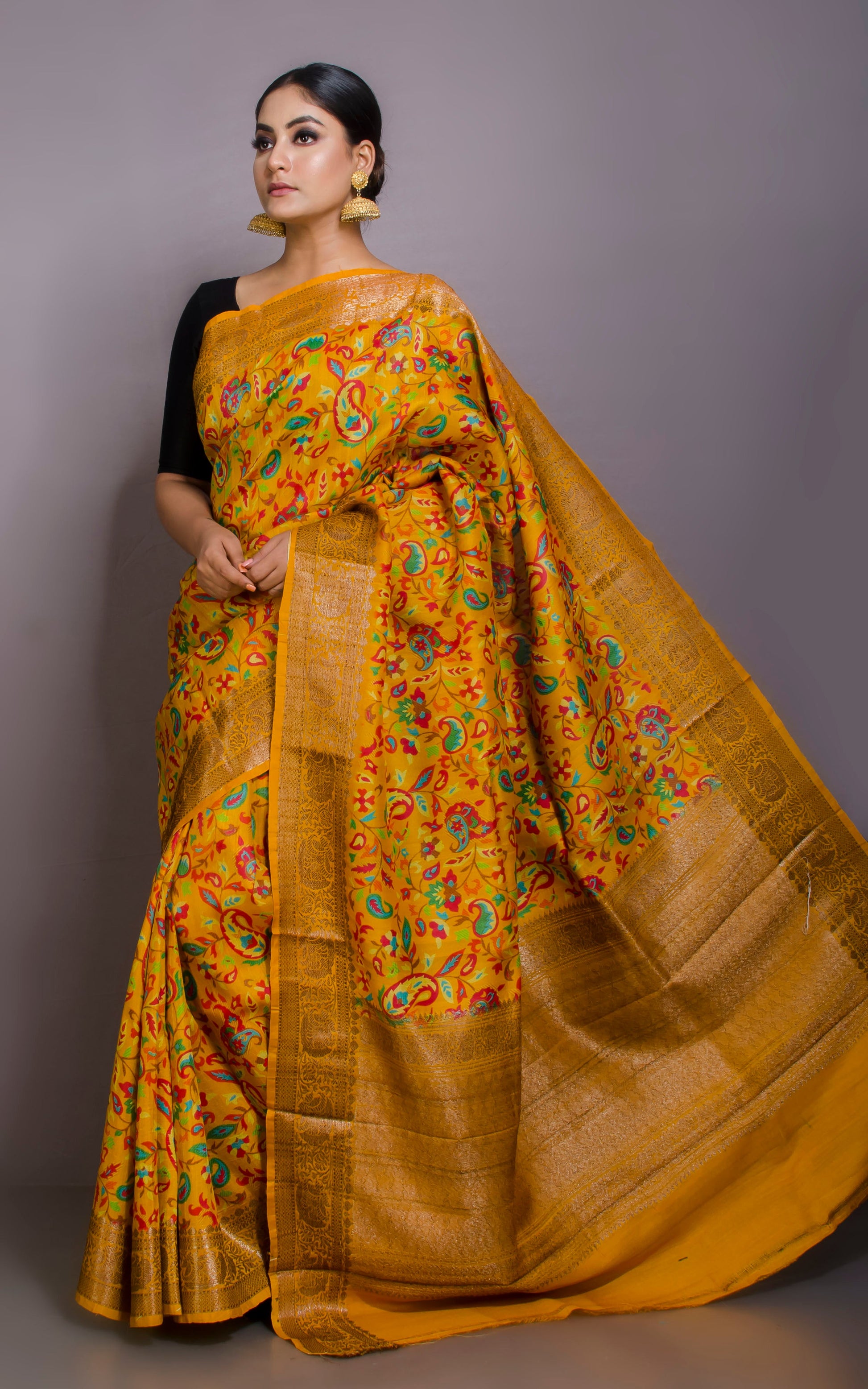 Kalamkari Printed Tussar Banarasi Saree in Golden Yellow, Red and Multicolored with Brush Gold Zari Work