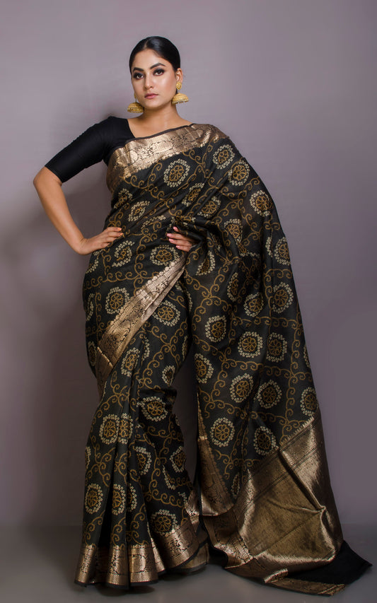 Bandhej Printed Tussar Banarasi Saree in Matte Black, Off White, Wood Brown and Brush Gold Zari Work