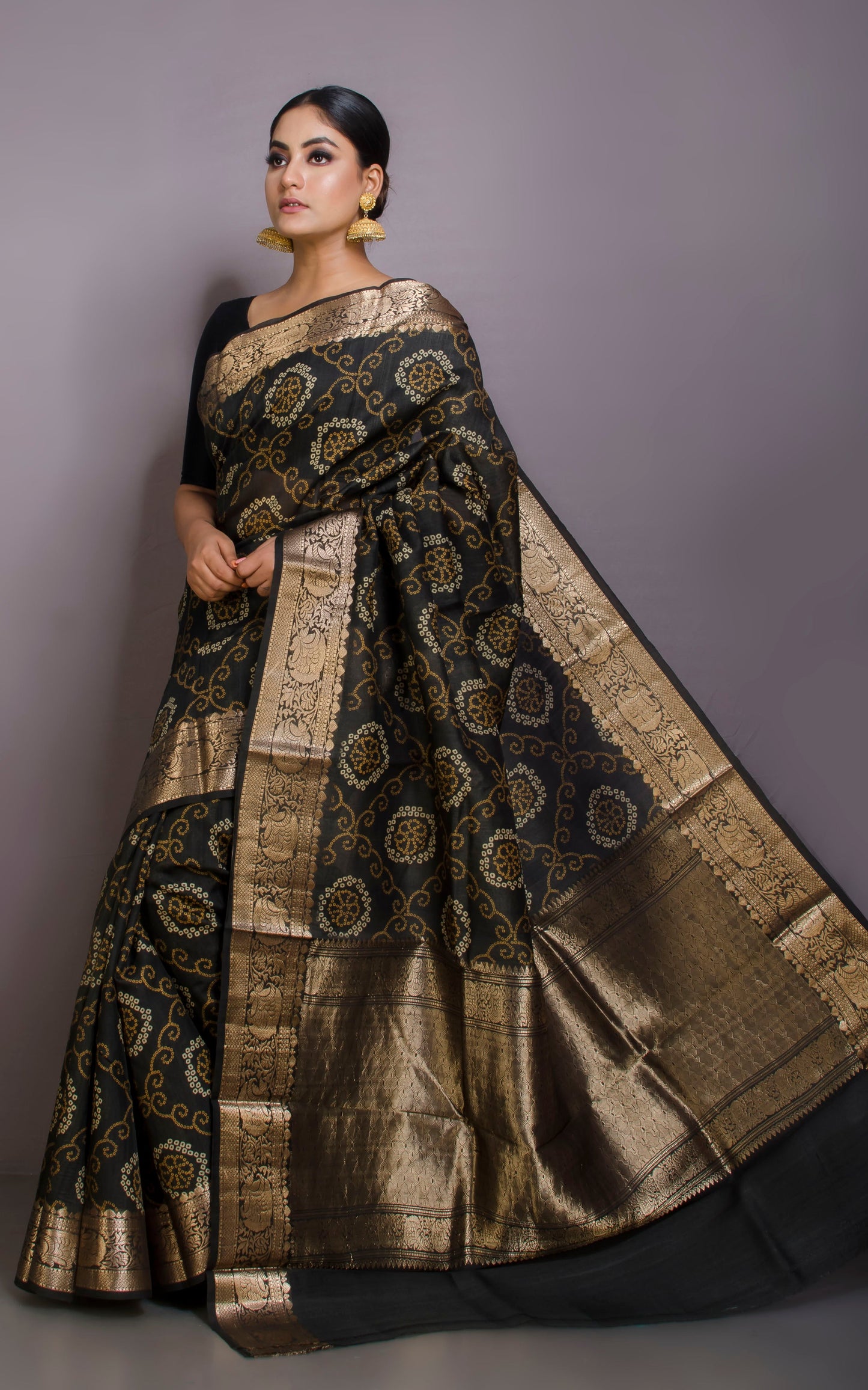 Bandhej Printed Tussar Banarasi Saree in Matte Black, Off White, Wood Brown and Brush Gold Zari Work