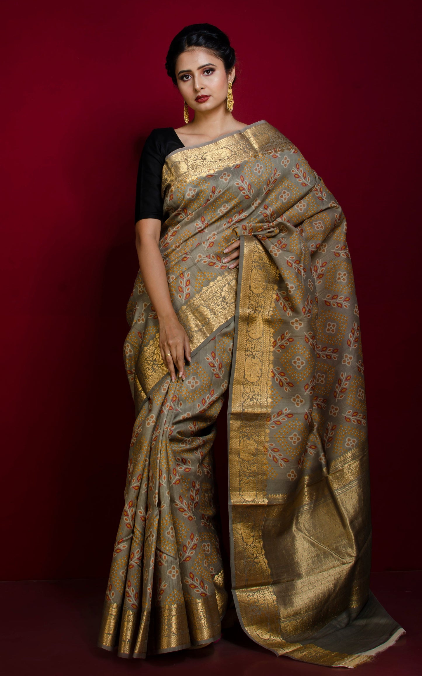 Bandhej Printed Tussar Banarasi Saree in Thunder Grey, Off White, Brick Red, Pale Orange and Brush Gold Zari Work