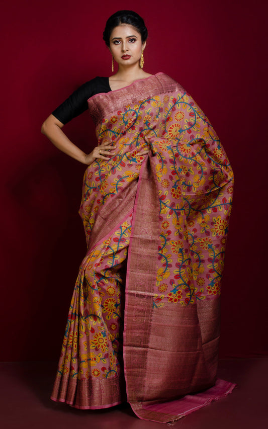 Kalamkari Printed Tussar Banarasi Saree in Matte Pink, Cerulean Blue and Multicolored with Brush Gold Zari Work