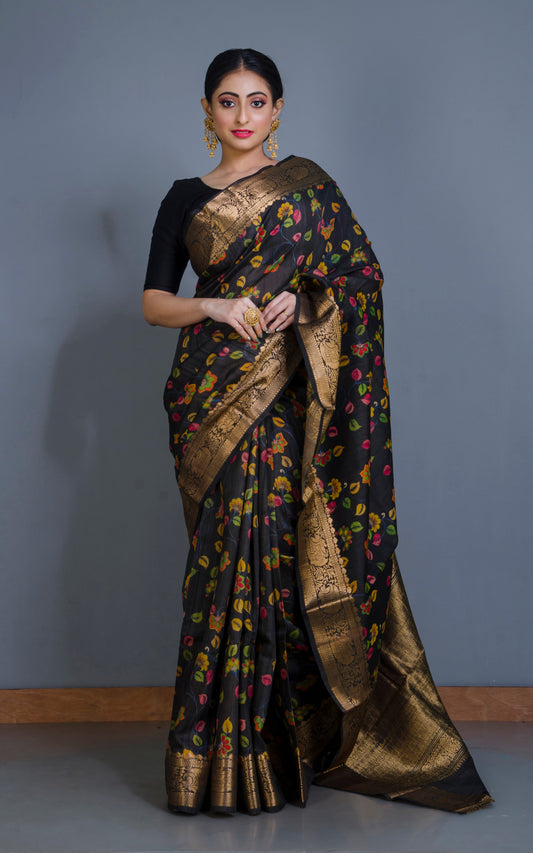 Kalamkari Printed Tussar Banarasi Saree in Black, Multicolored and Brush Gold Zari Work