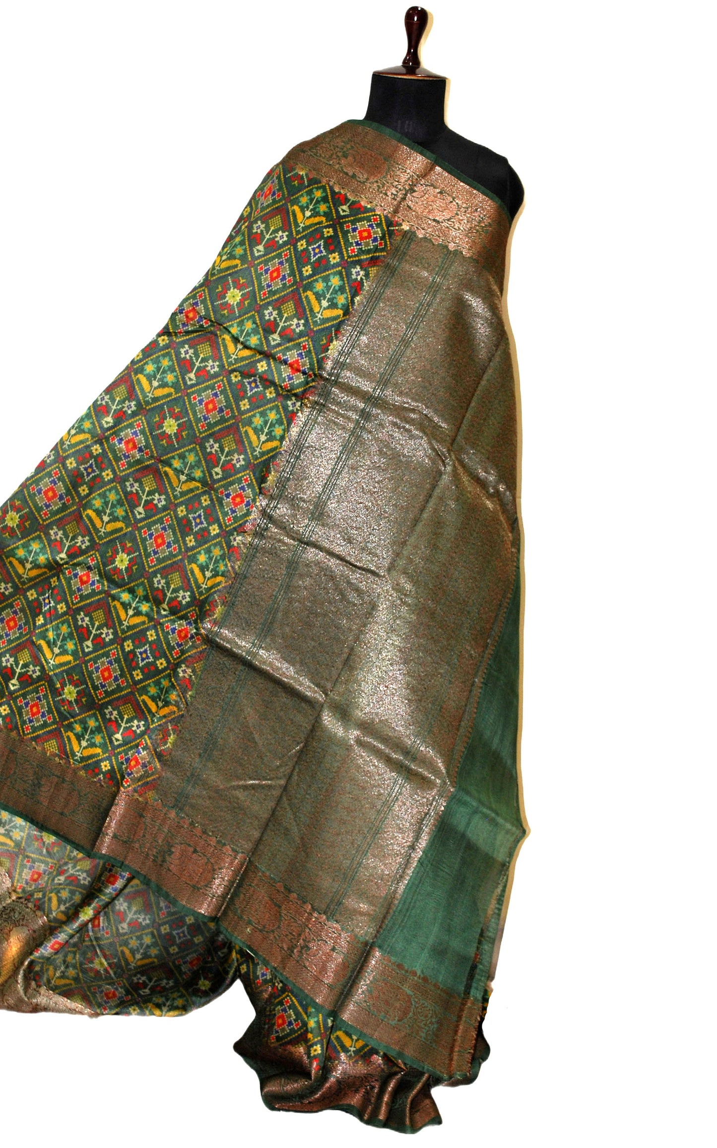 Printed Patola Tussar Banarasi Saree in Pine Green, Multicolored and Gold Zari Work