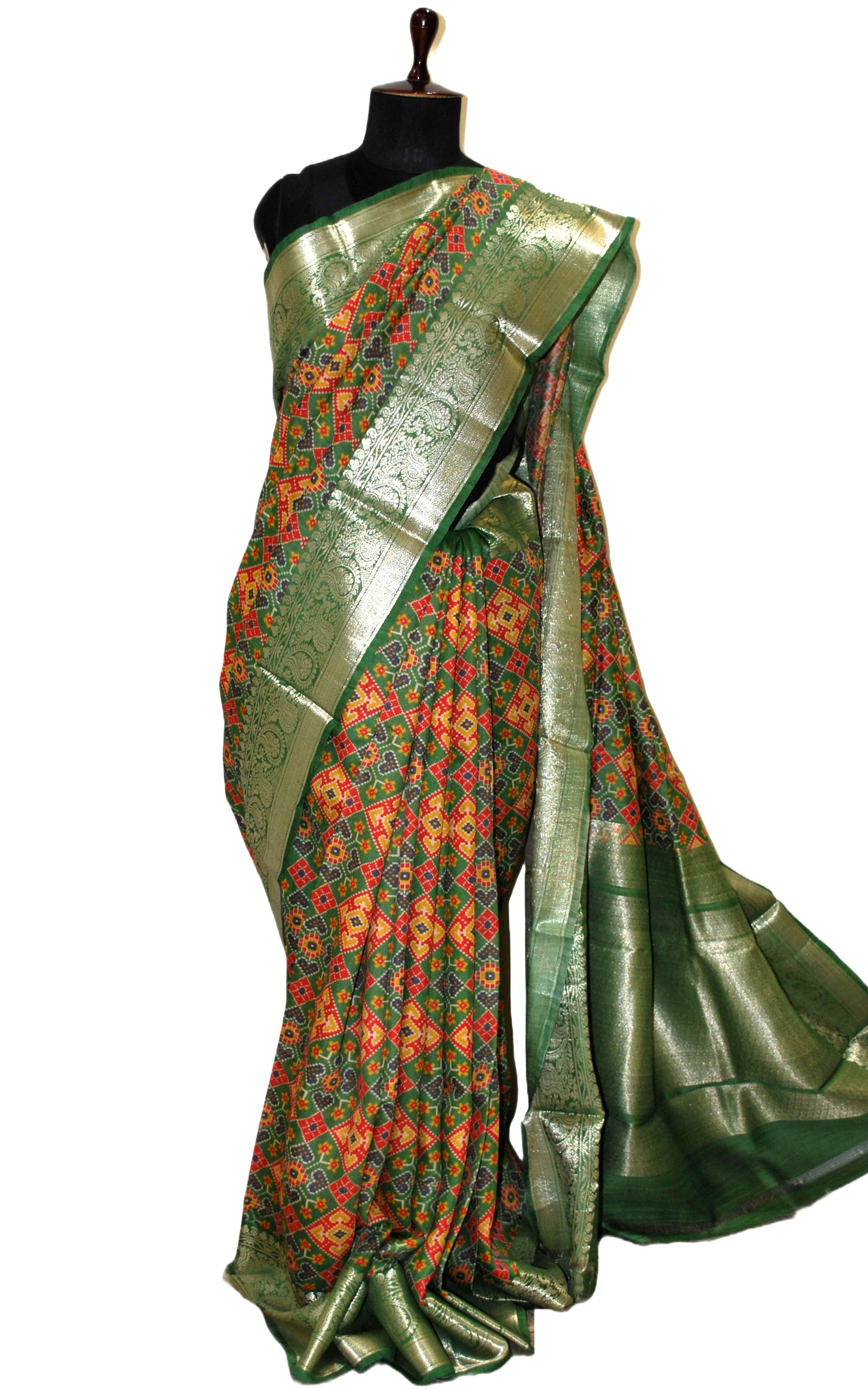 Printed Patola Tussar Banarasi Saree in Forest Green, Red, Yellow, Blue and Gold Zari Work