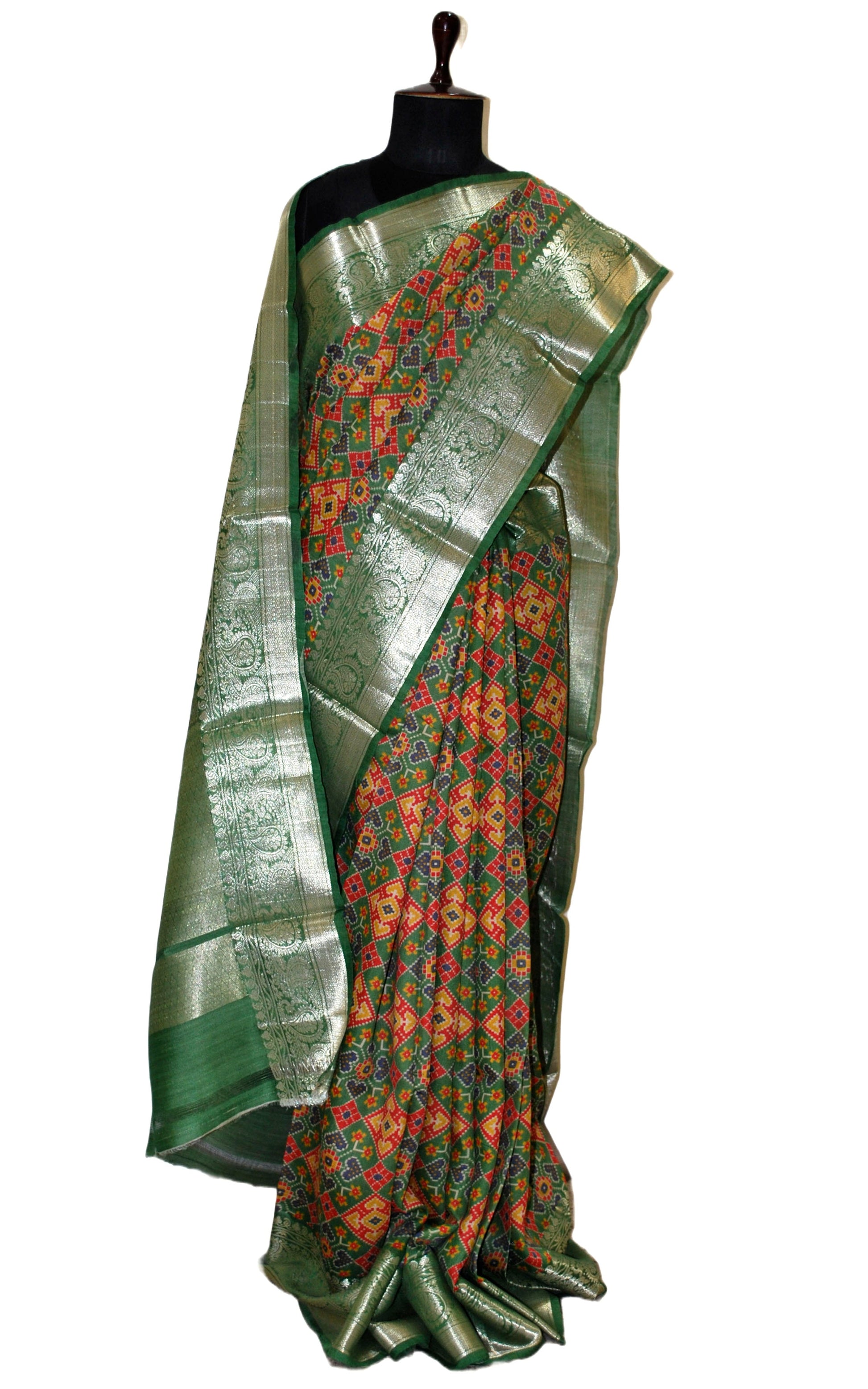 Printed Patola Tussar Banarasi Saree in Forest Green, Red, Yellow, Blue and Gold Zari Work