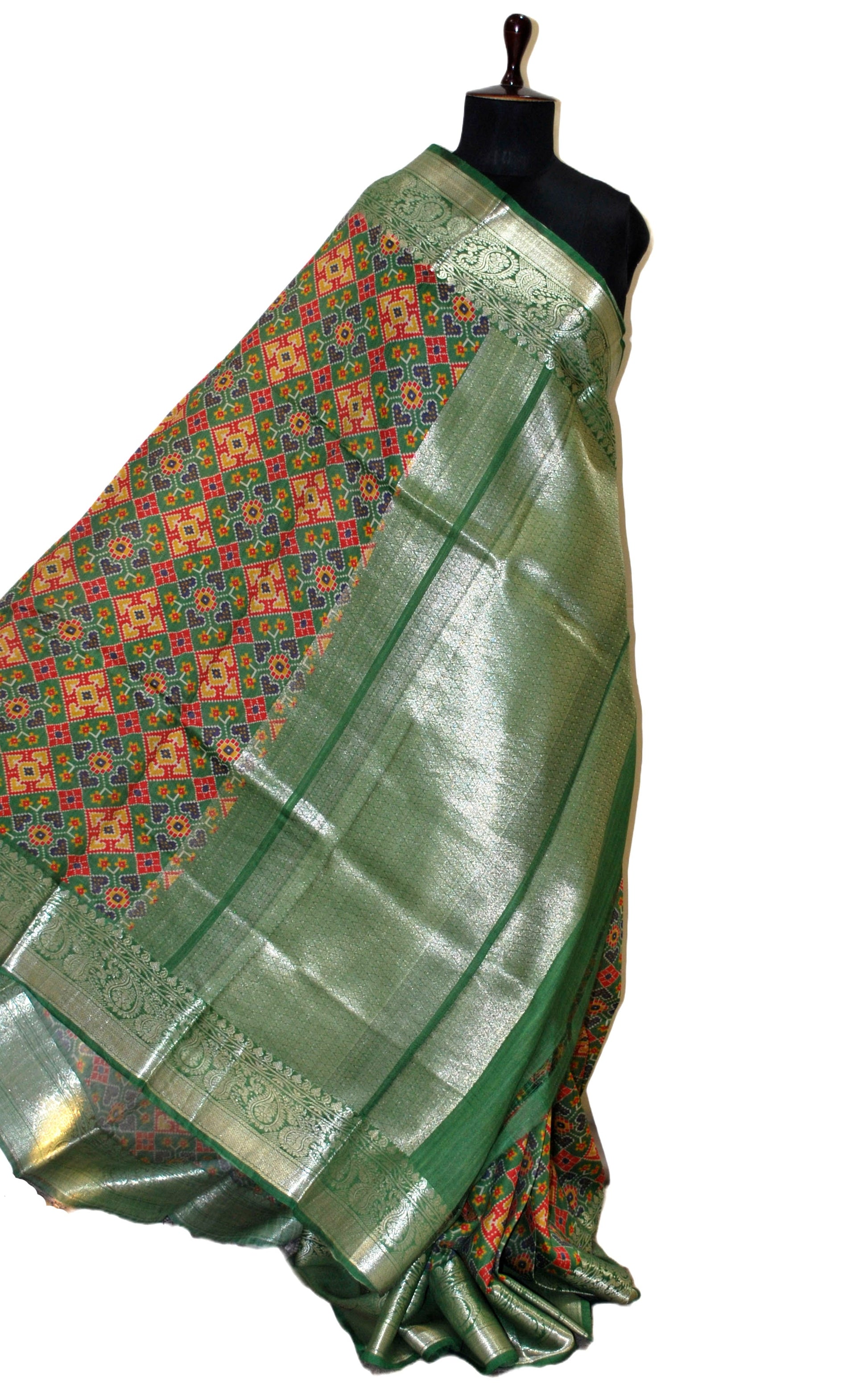 Printed Patola Tussar Banarasi Saree in Forest Green, Red, Yellow, Blue and Gold Zari Work