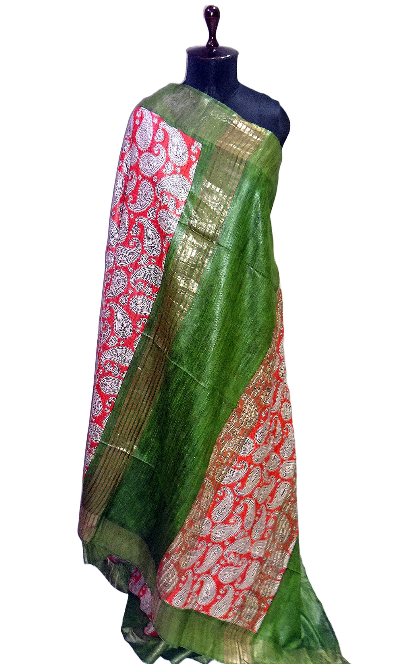 Silk Mark Certified Pure Gigha Block Printed Saree in Brick Red, Off White, Black and Pickle Green