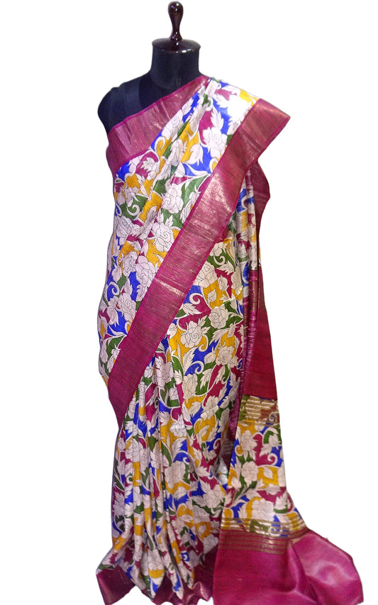 Silk Mark Certified Pure Gigha Block Printed Saree in Beige, Boysenberry and Multicolored