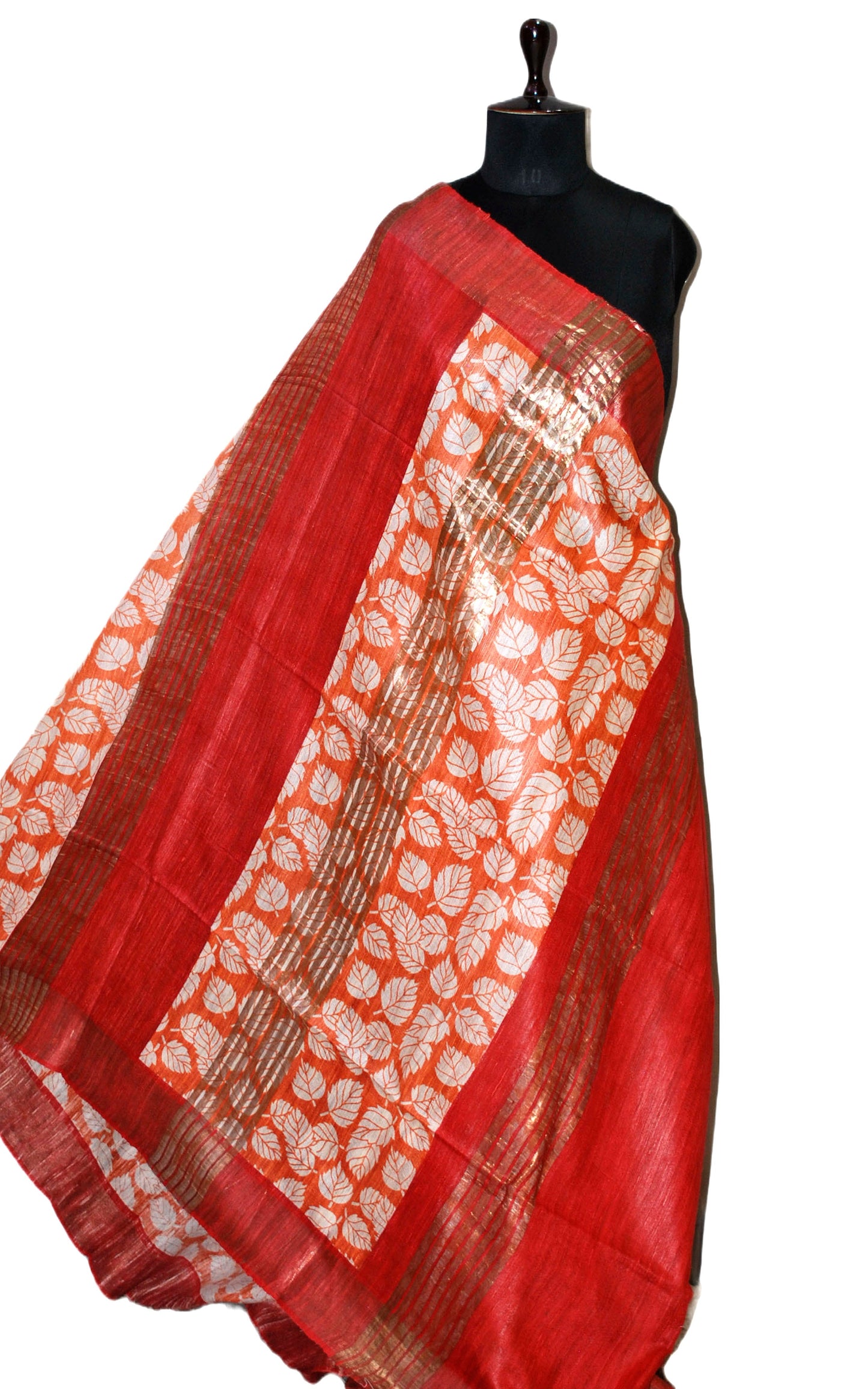 Silk Mark Certified Pure Gigha Block Printed Saree in Orange, Off White and Red