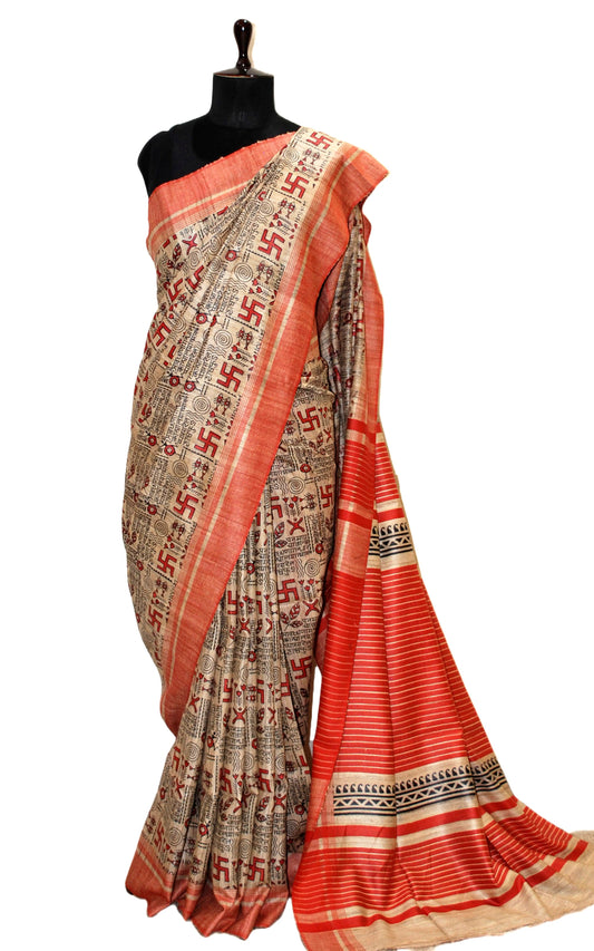 Silk Mark Certified Pure Gigha Block Printed Saree in Beige, Black and Red