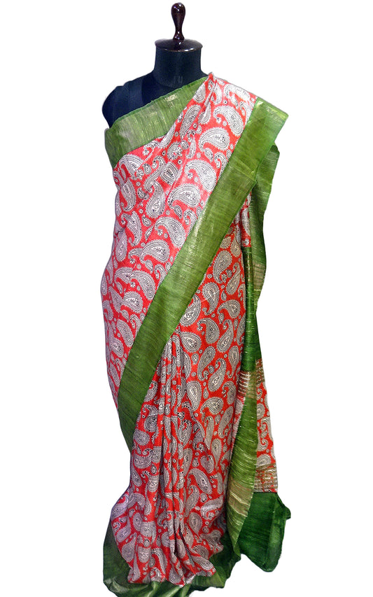 Silk Mark Certified Pure Gigha Block Printed Saree in Brick Red, Off White, Black and Pickle Green