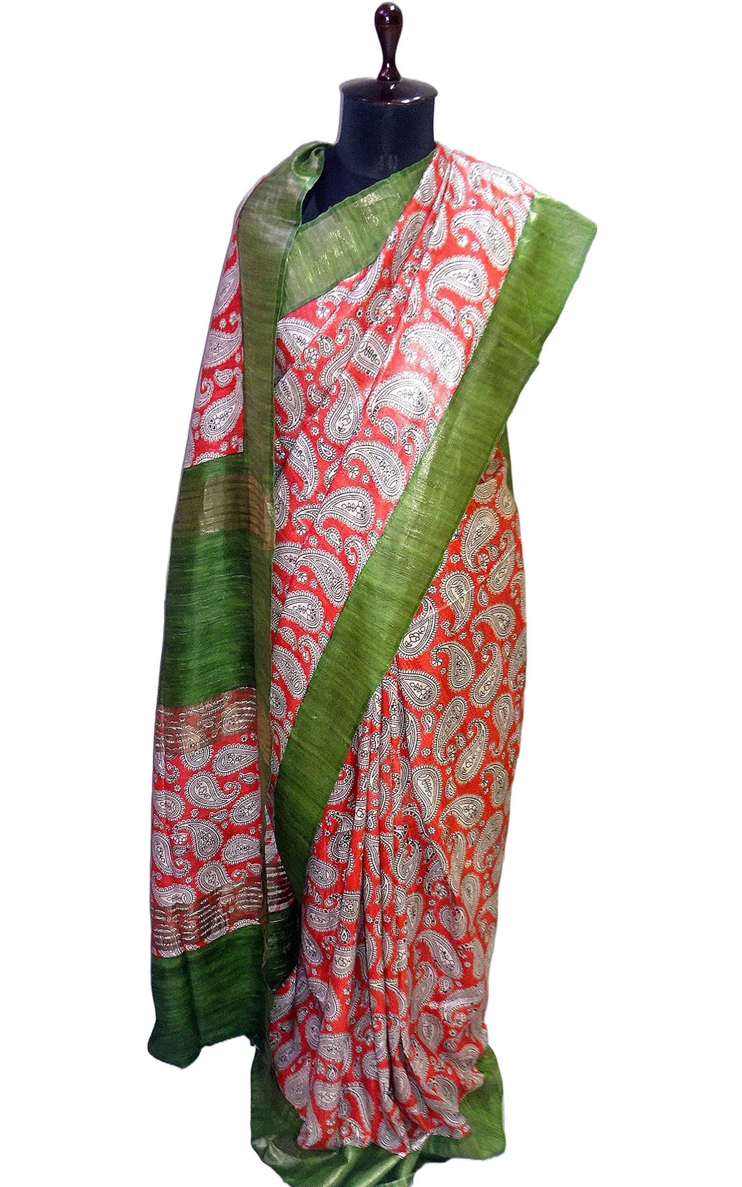 Silk Mark Certified Pure Gigha Block Printed Saree in Brick Red, Off White, Black and Pickle Green