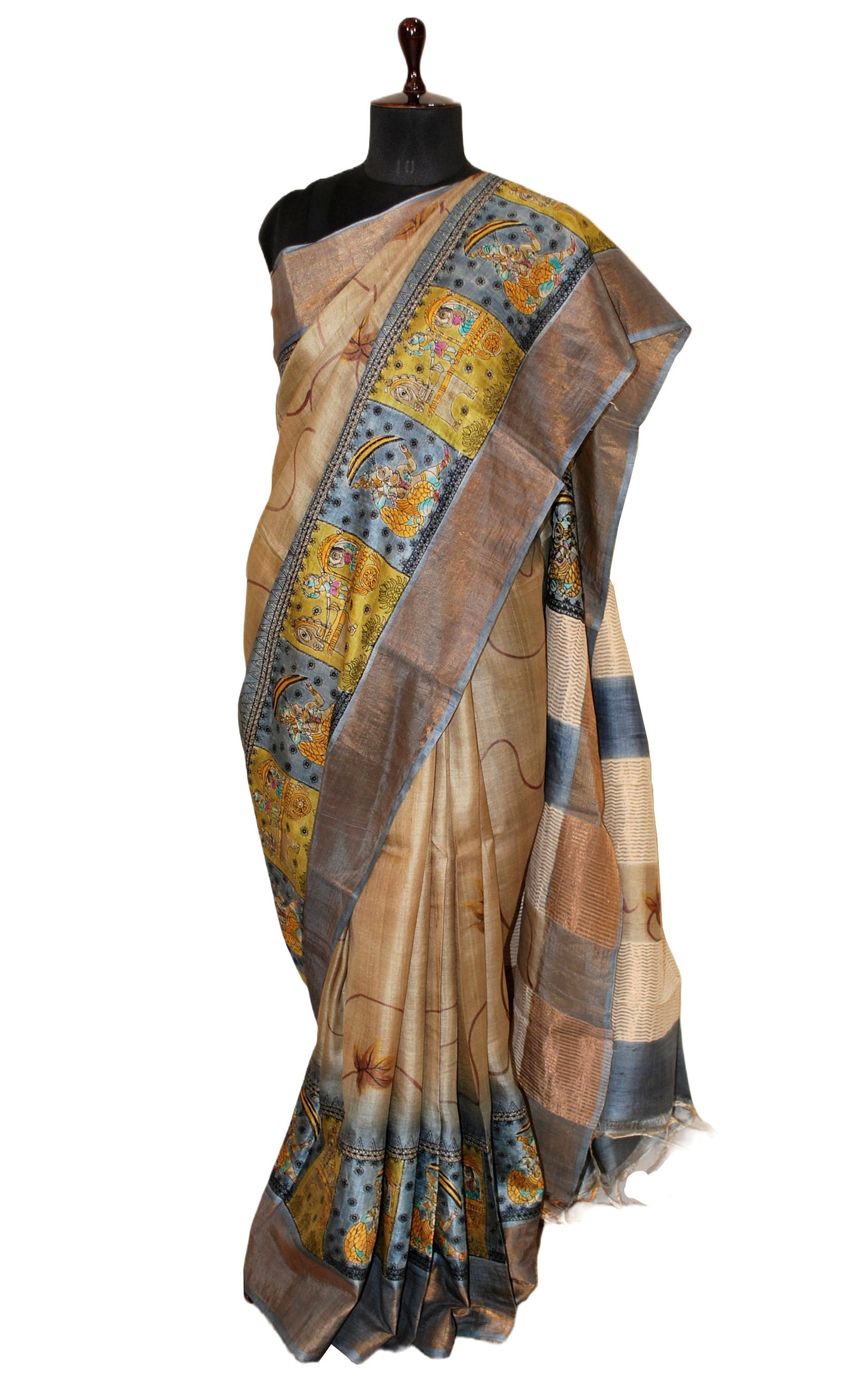 Hand Gun Paint and Embroidery Work on Printed Tussar Silk Saree in Beige, Amber Yellow and Slate Grey