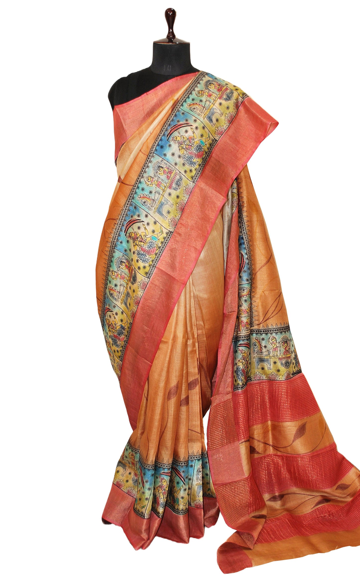 Hand Gun Paint and Embroidery Work on Printed Tussar Silk Saree in Ochre, Beige and Blush Peach